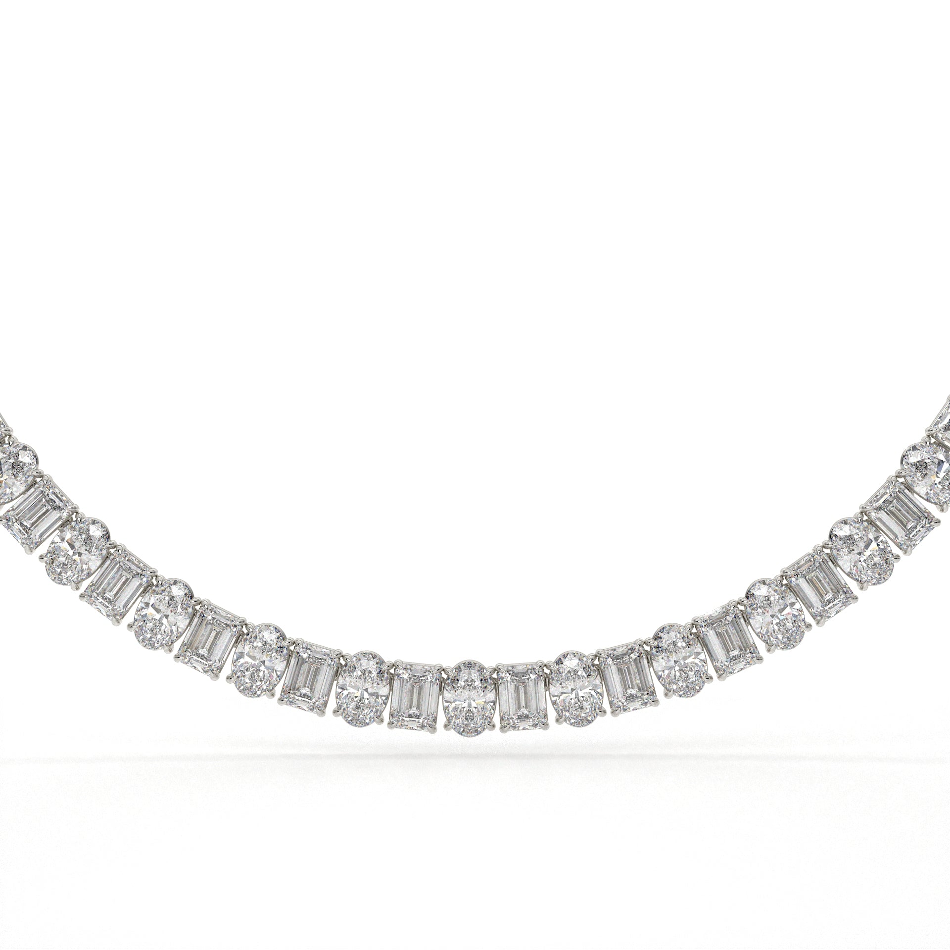 Diamond necklace with baguette and round cut diamonds on a white background