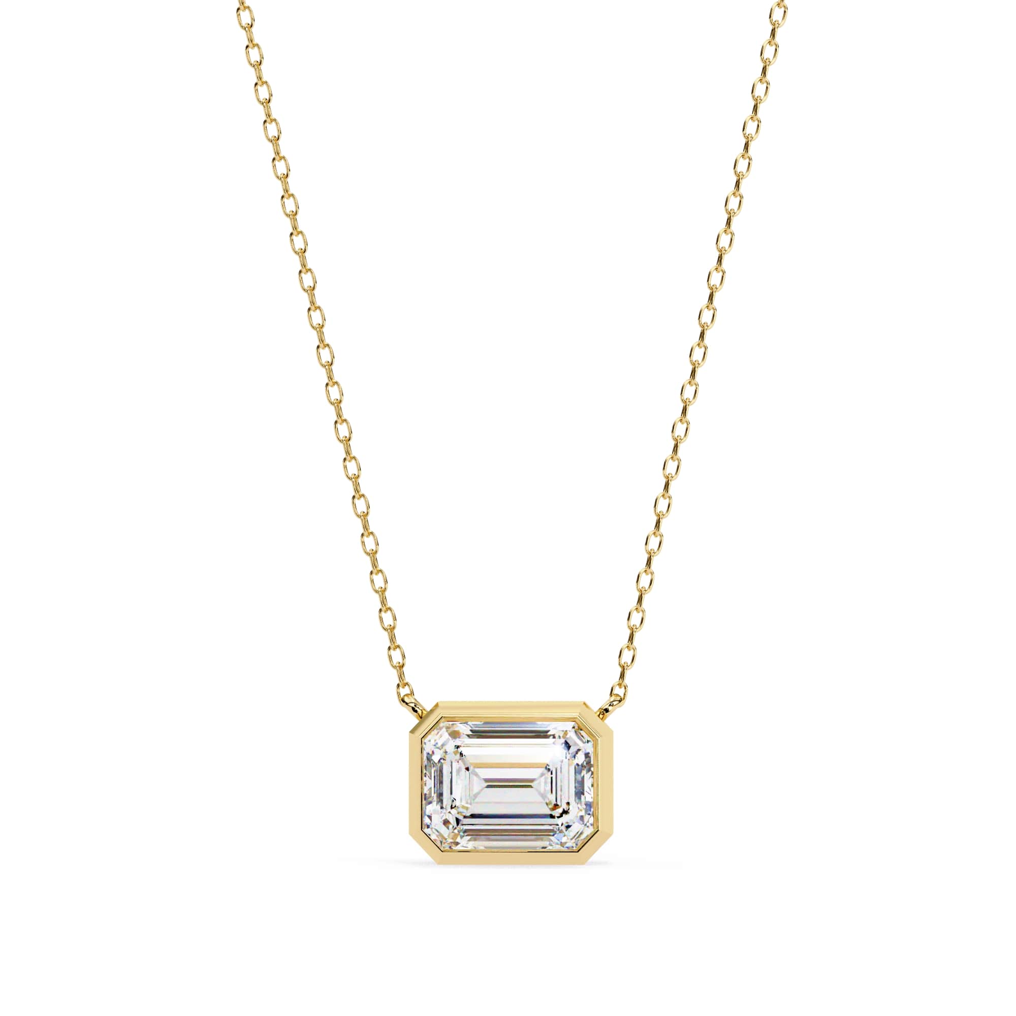 Gold necklace with a rectangular diamond pendant on a white background