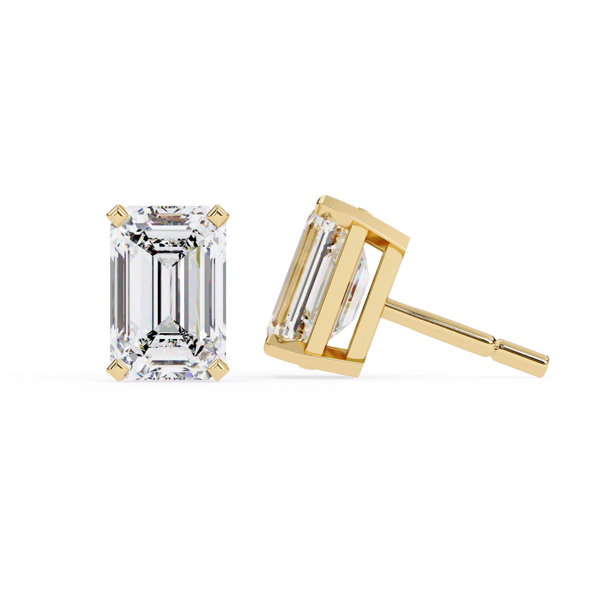Gold emerald-cut stud earrings on a white background