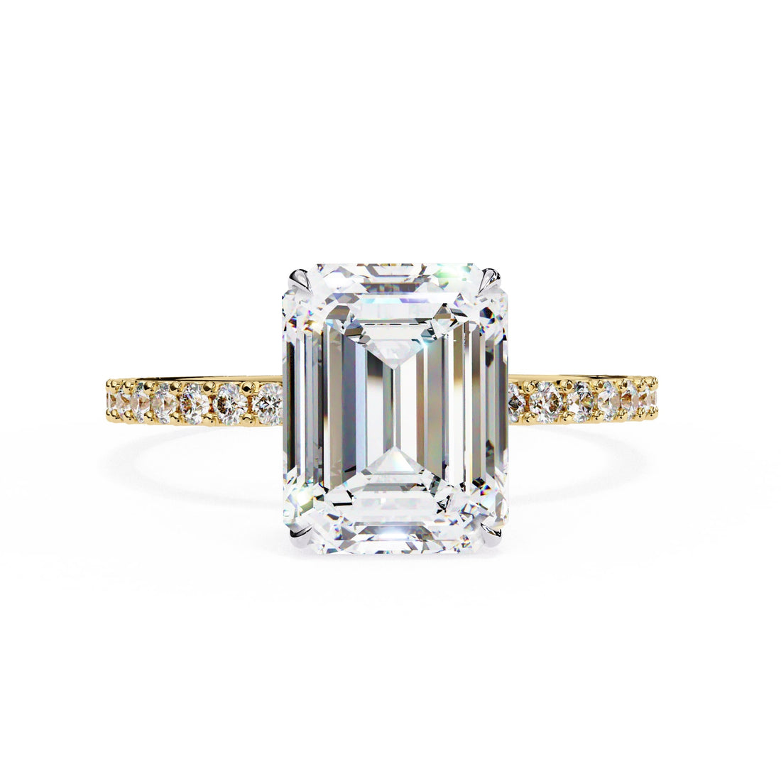 Diamond ring with emerald-cut center stone and gold band on a white background