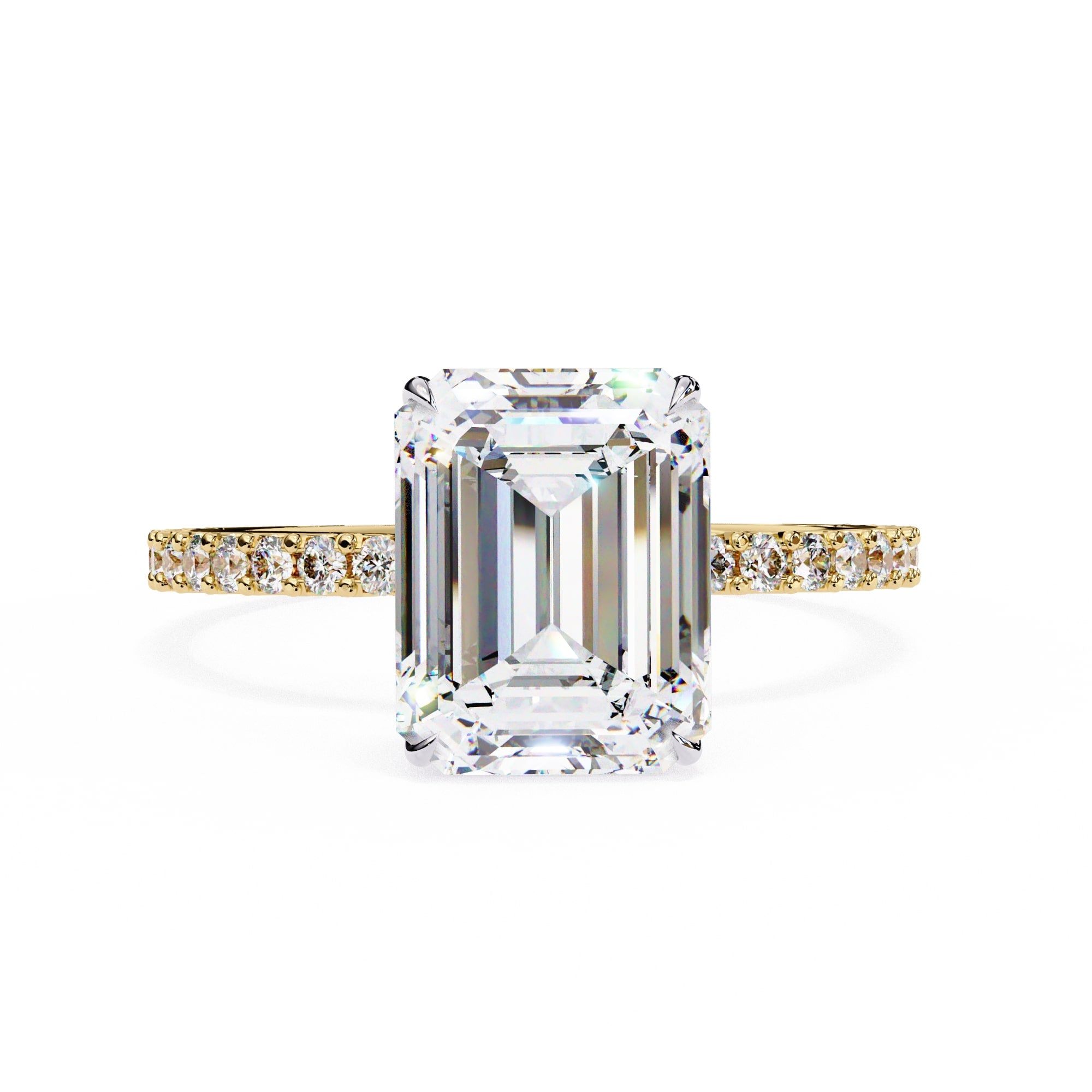 Diamond ring with emerald-cut center stone and gold band on a white background