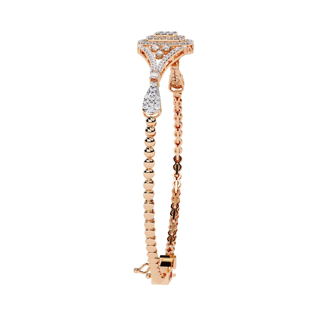 Rose gold bracelet with diamond accents on a white background