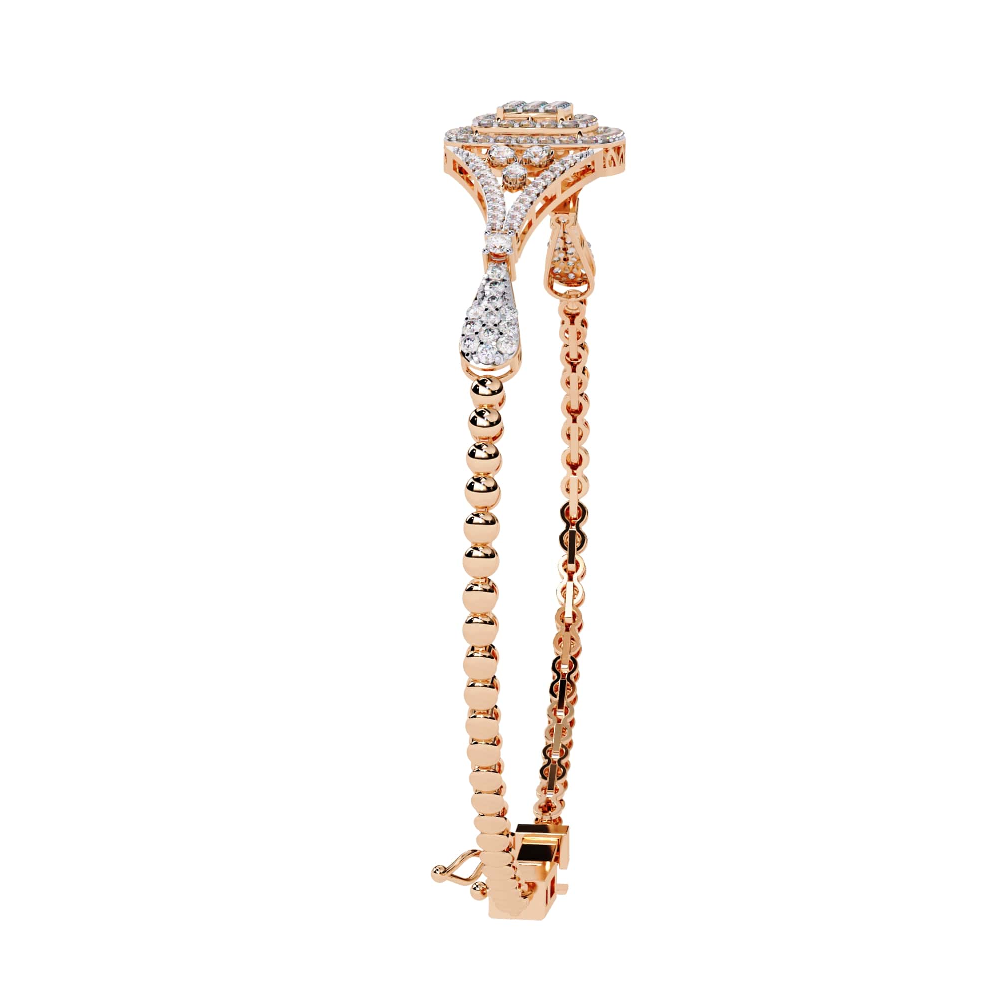 Rose gold bracelet with diamond accents on a white background