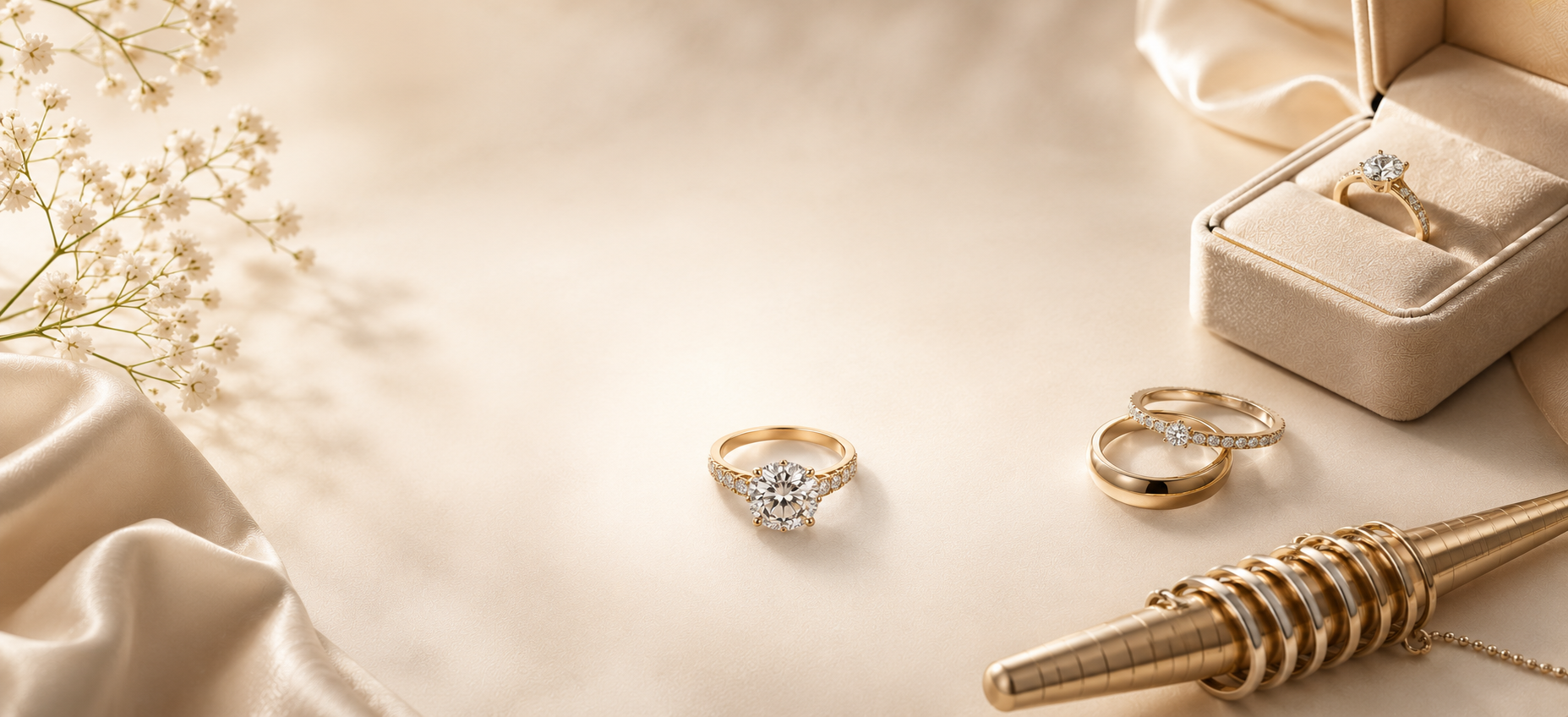 Gold rings and a necklace on a beige fabric background with a jewelry box.