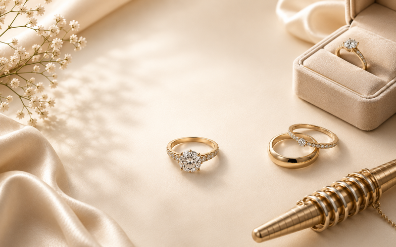 Gold rings with diamond accents on a beige fabric background