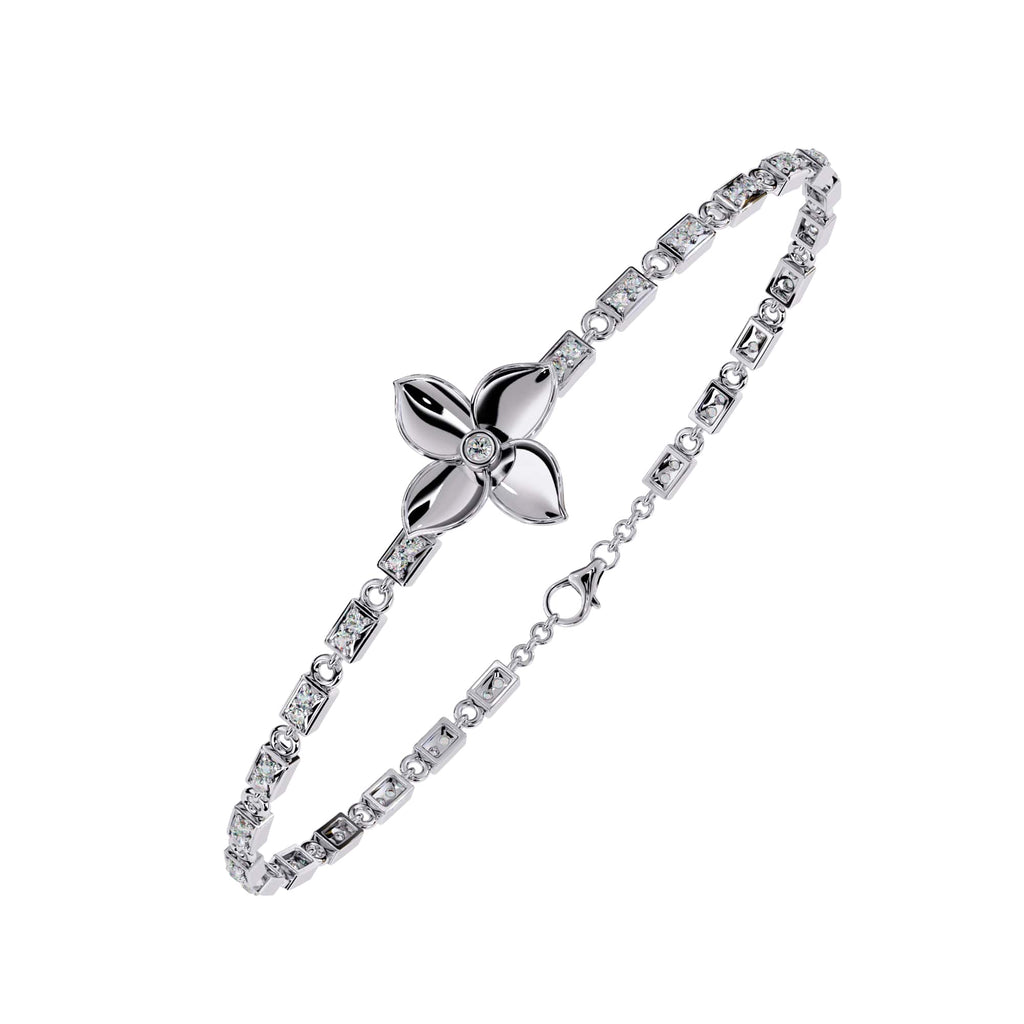 White gold bracelet with a floral clasp on a white background
