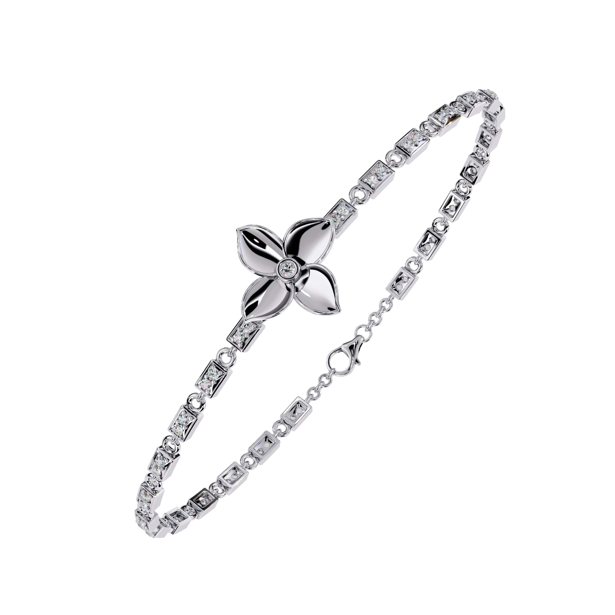 White gold bracelet with a floral clasp on a white background