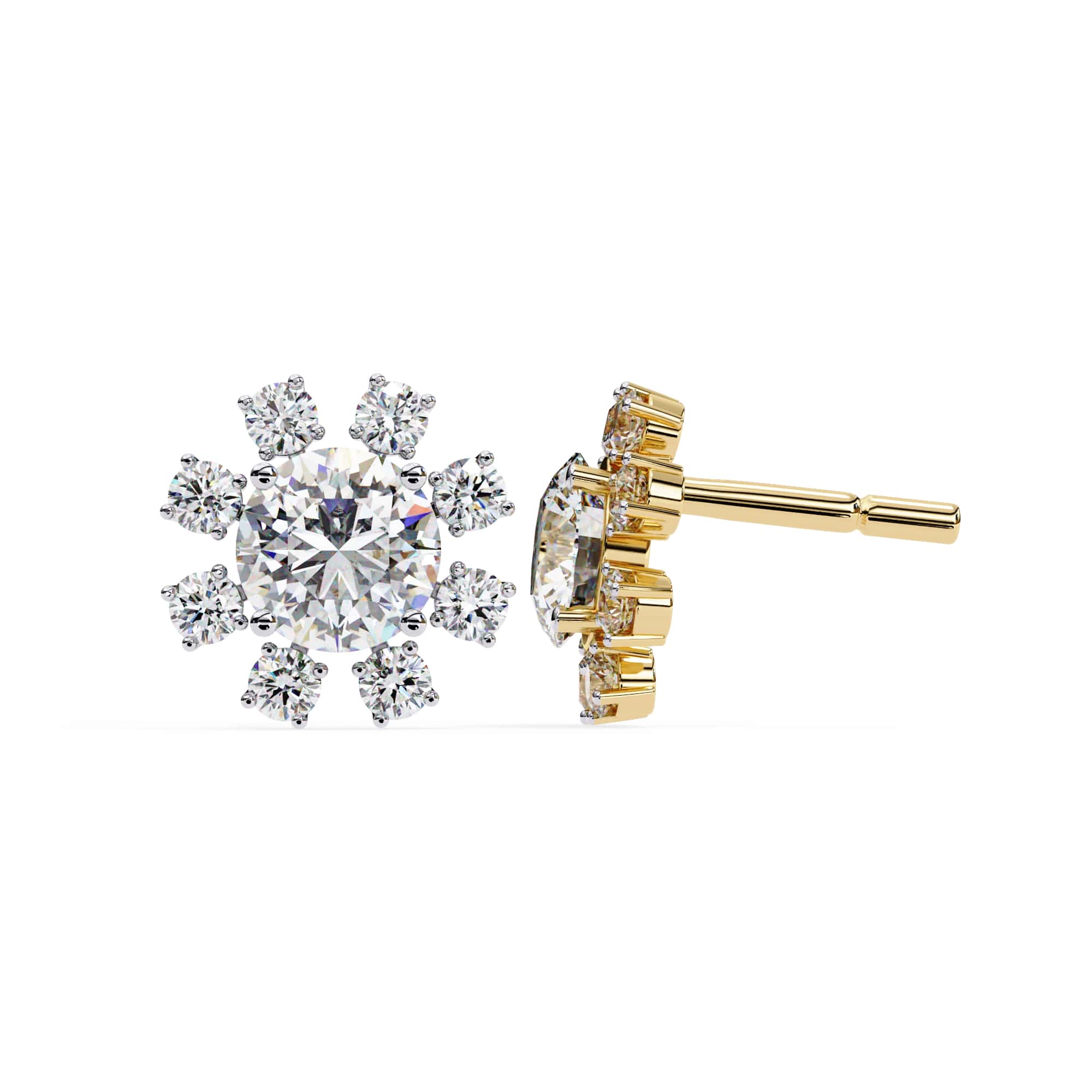 Gold and silver snowflake-shaped earrings on a white background