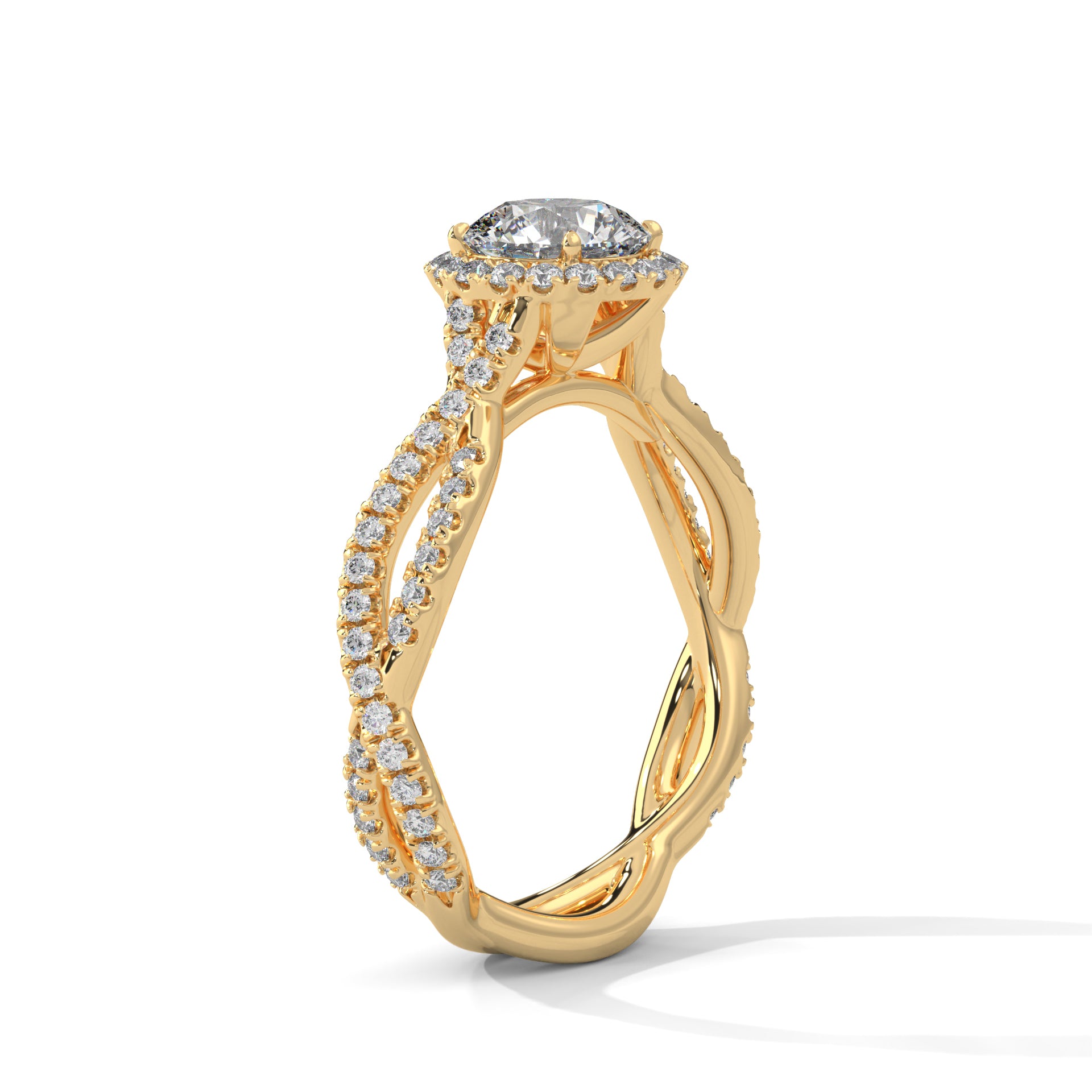 Gold ring with diamond accents on a white background