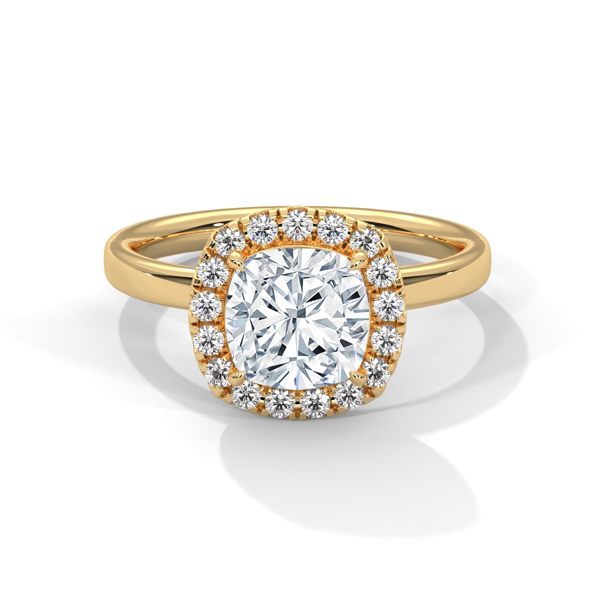 Gold ring with a large diamond and smaller diamonds around on a white background