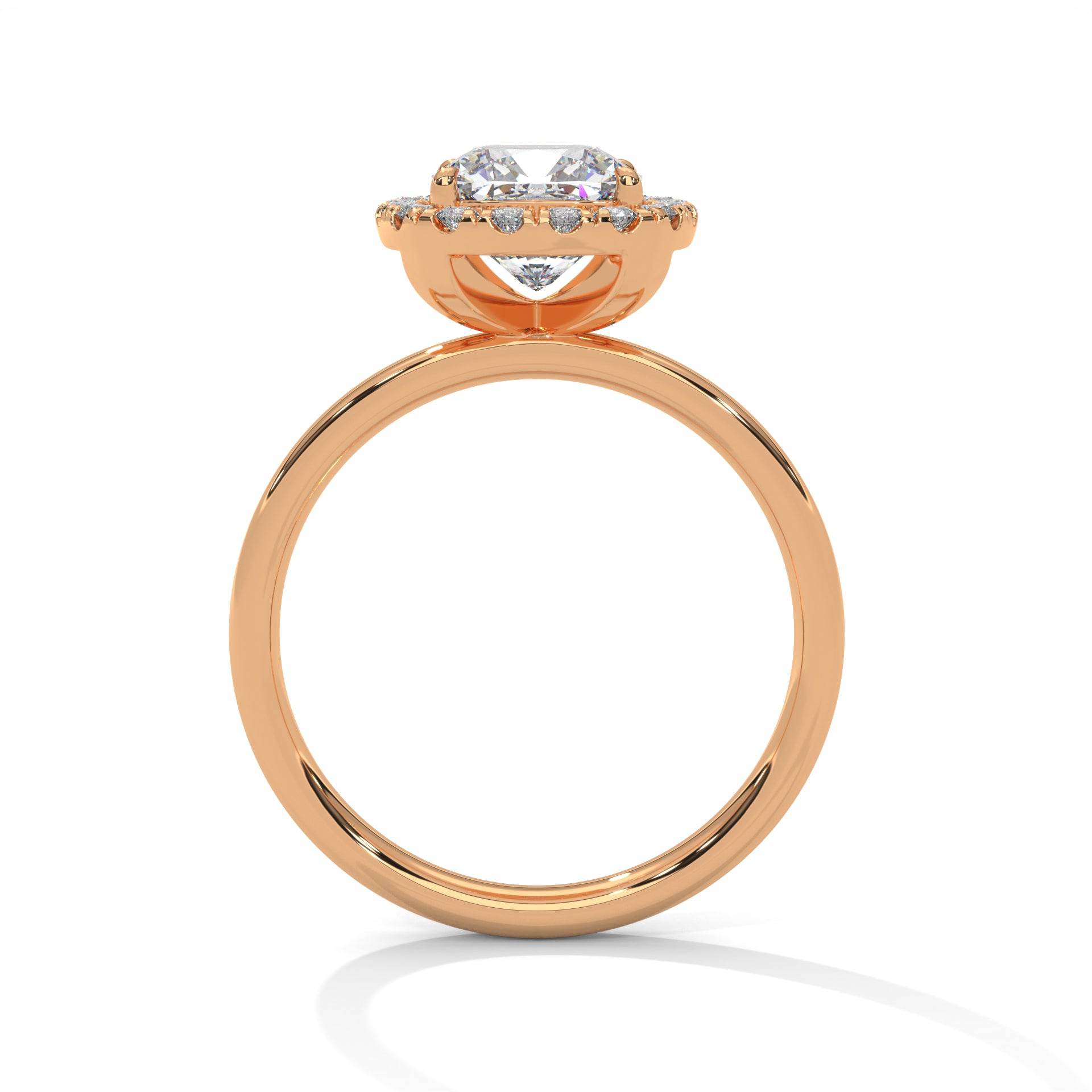 Rose gold ring with a diamond on a white background