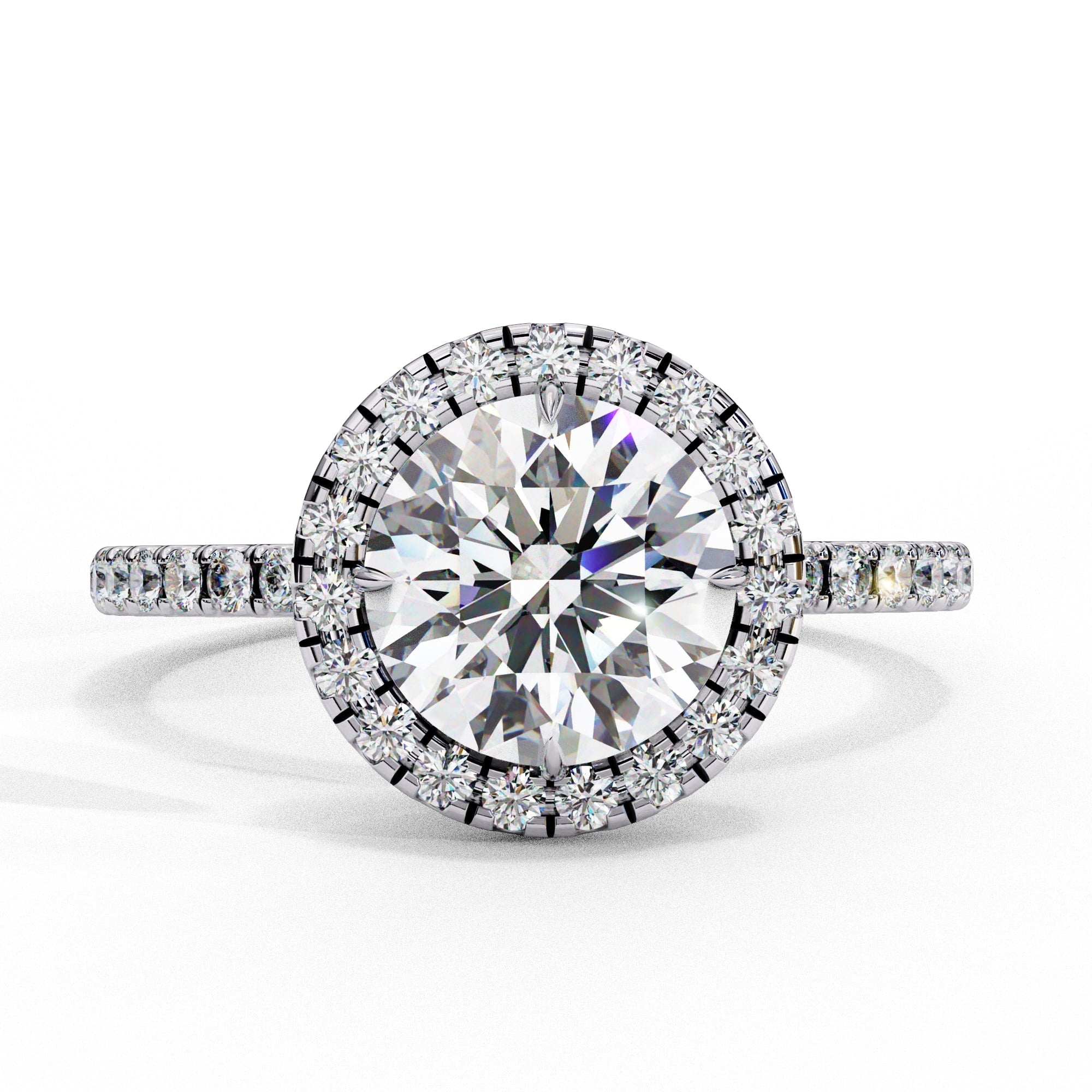 Diamond ring with a large central gemstone and smaller stones on a white background