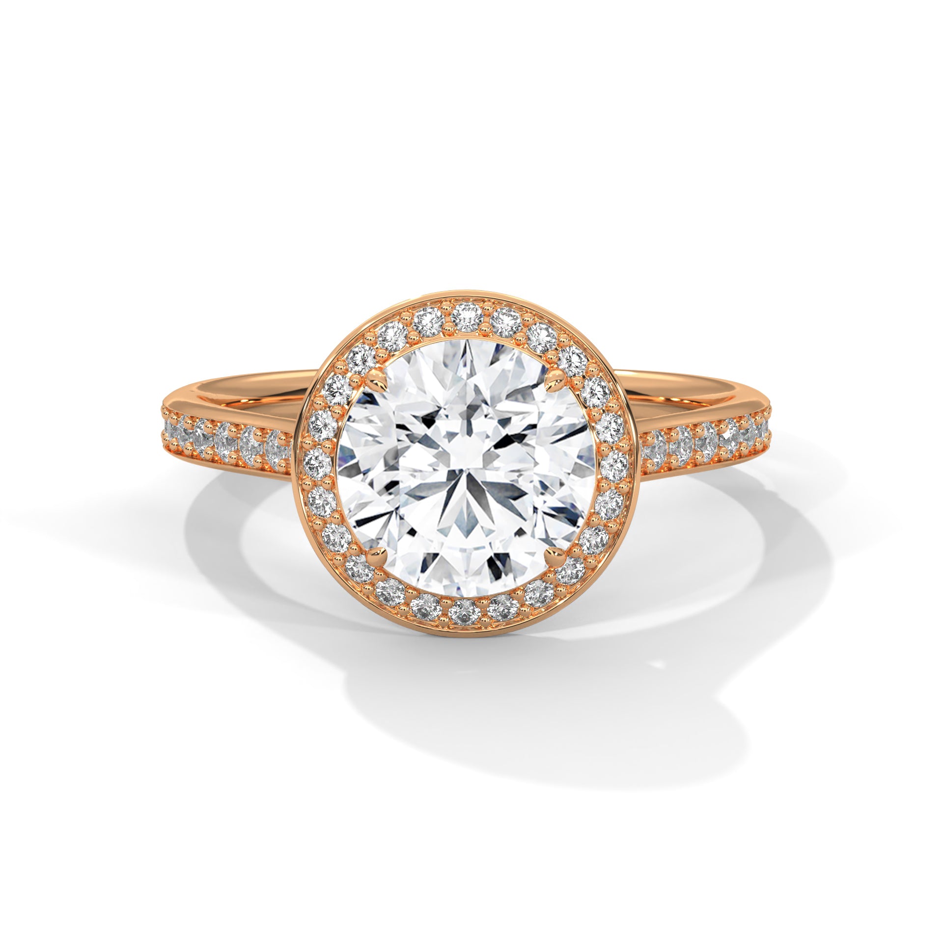 Rose gold ring with a large diamond and smaller diamonds on the band against a white background
