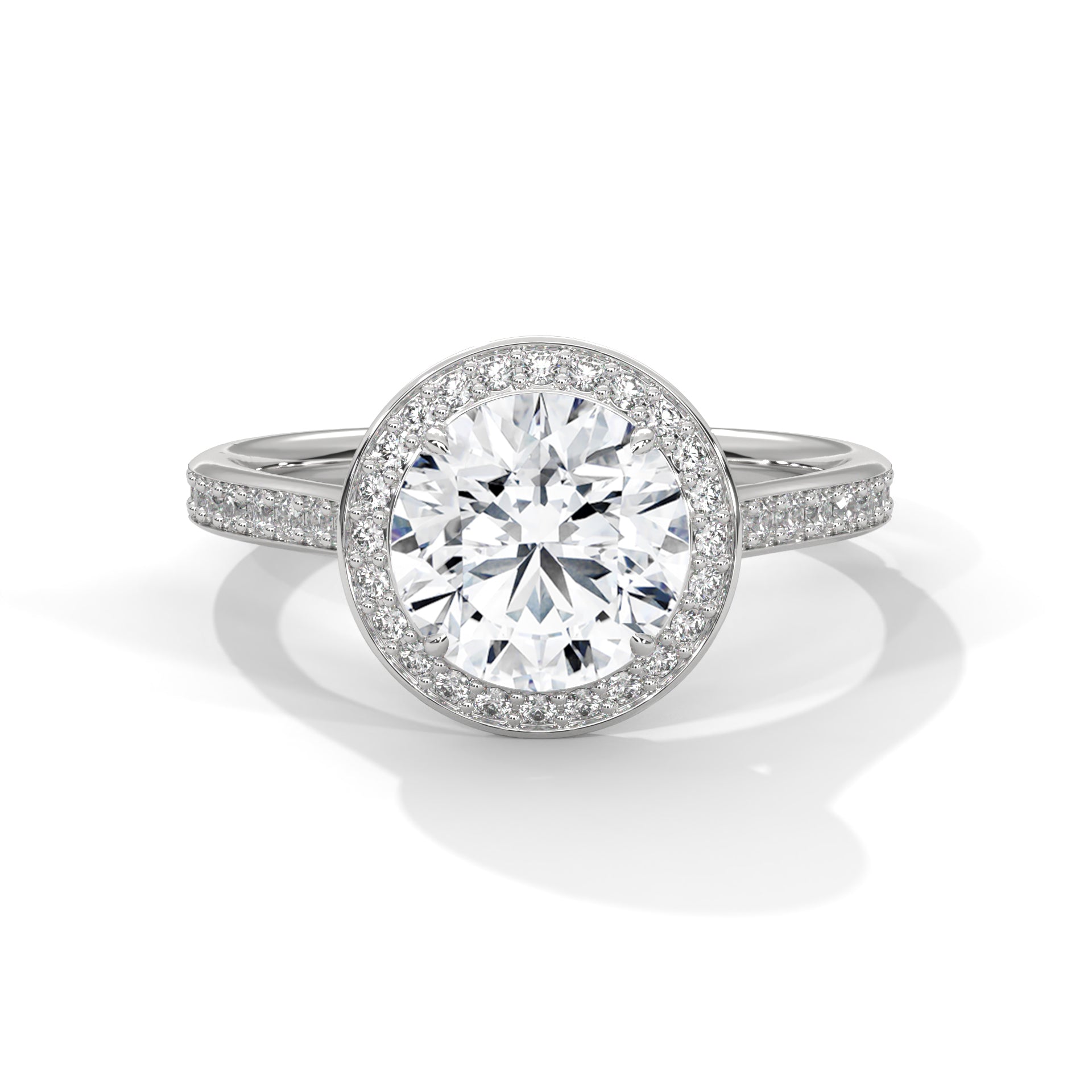 Diamond ring with a white gemstone and diamond-studded band on a white background