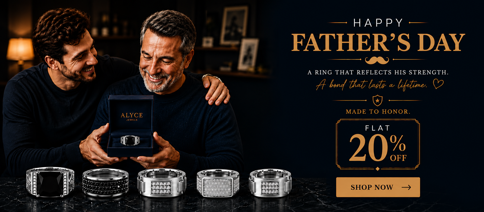 Two men holding a box with a ring, surrounded by rings on a dark background with Father's Day text and offer.