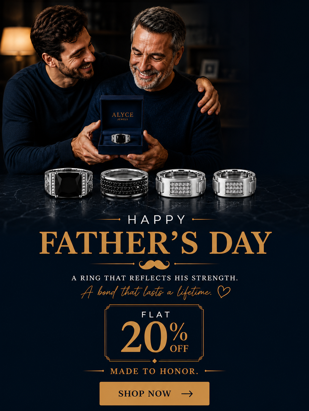 Two men holding a box with a ring, surrounded by rings on a dark background with Father's Day text and offer.
