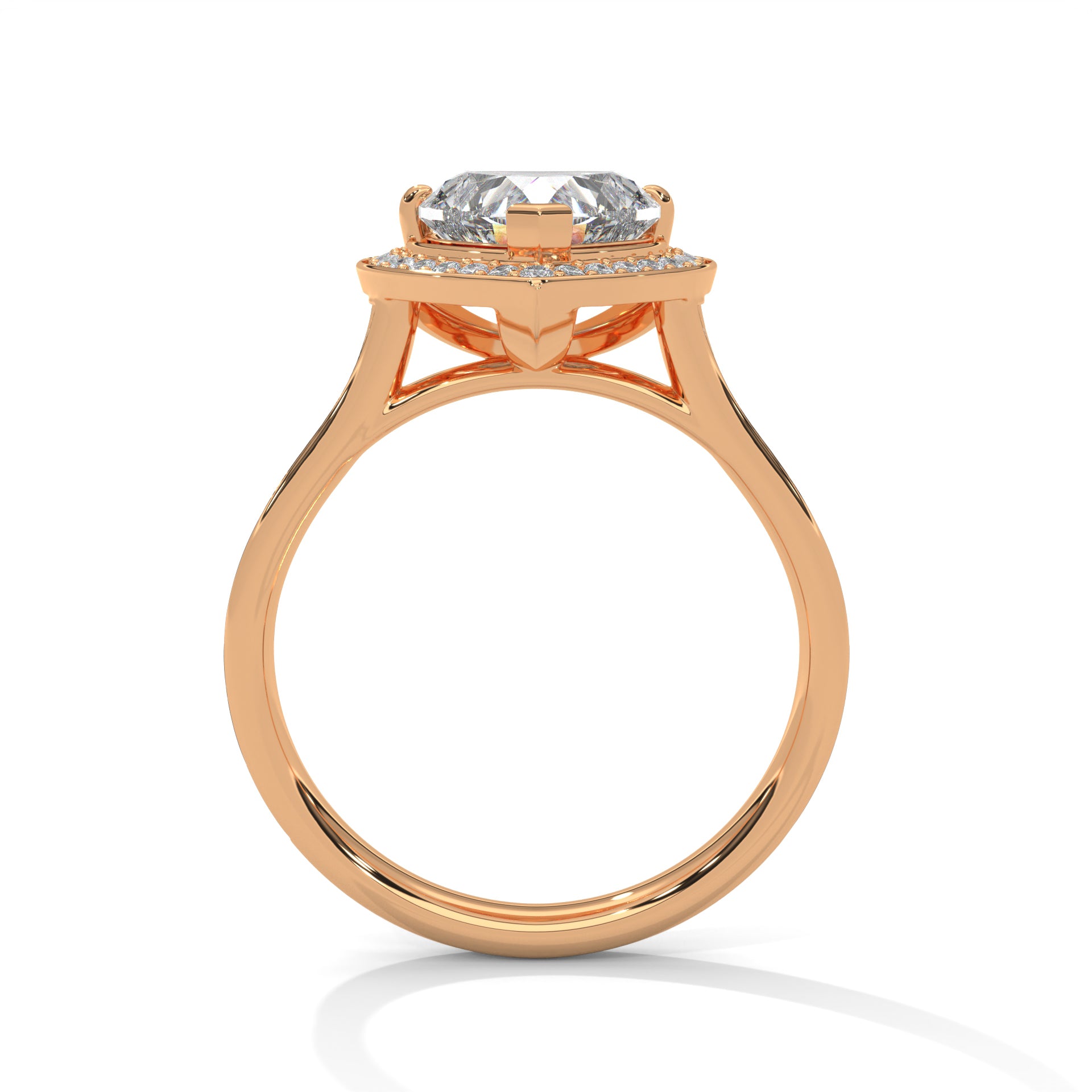 Rose gold ring with a diamond on a white background