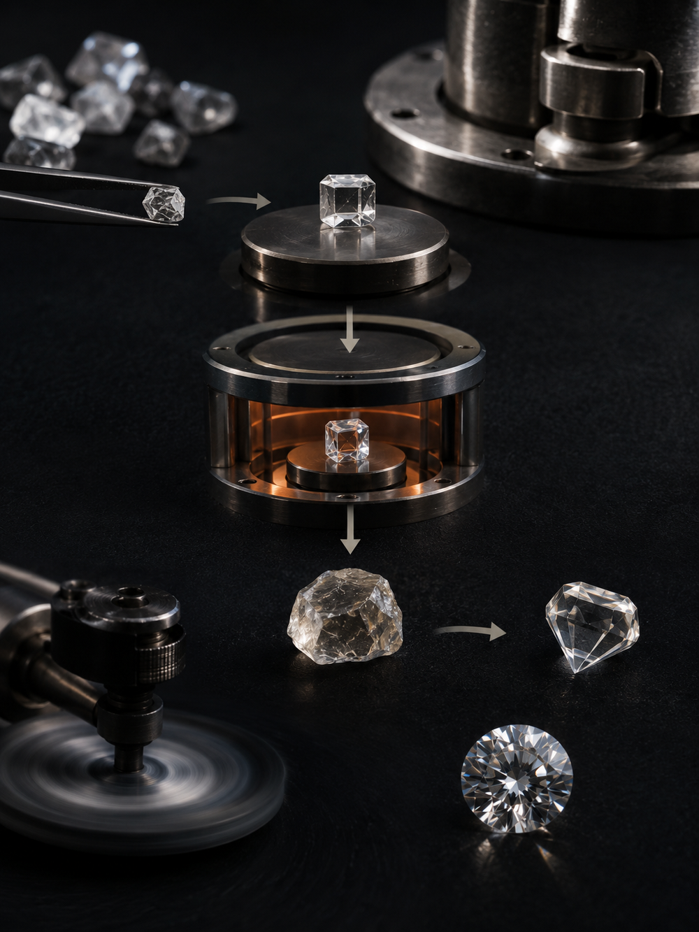 Diamonds at various stages of processing on a dark background