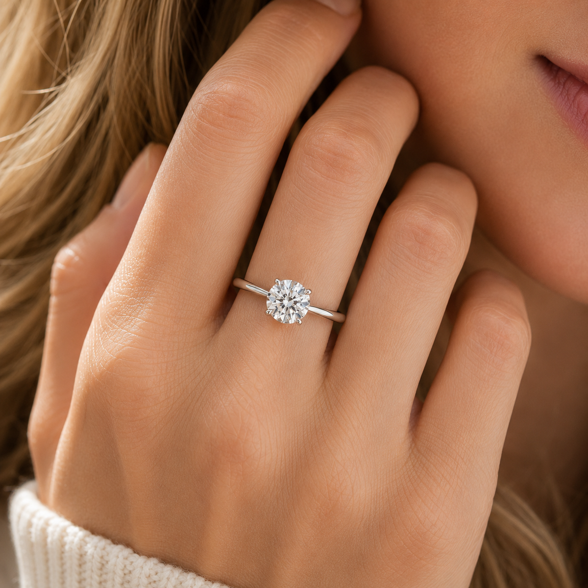 1.92 carat lab-grown round cut diamond solitaire ring yellow gold on woman's finger for premium look.