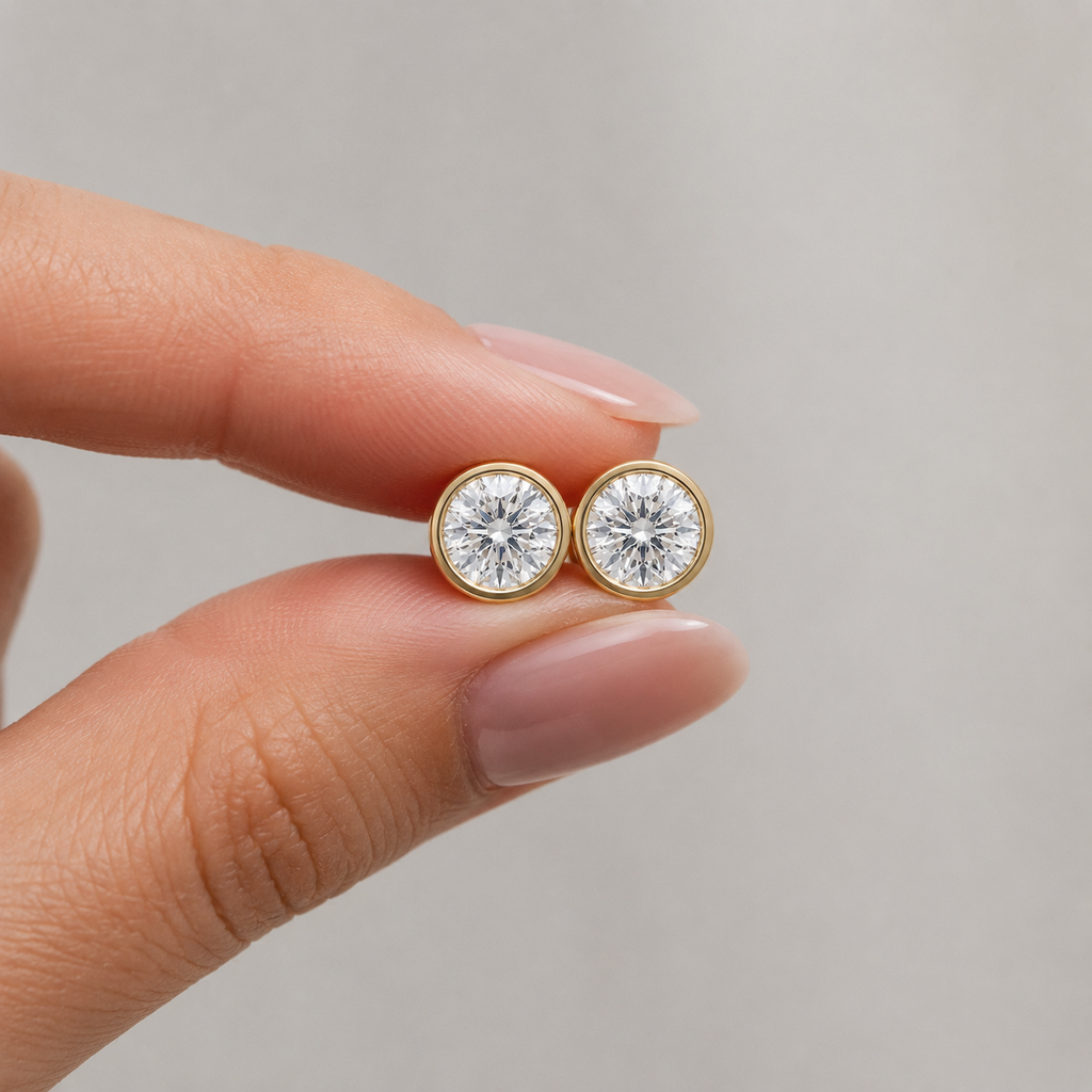 6 Carat Round Lab Diamond Bezel Set Stud Earrings
