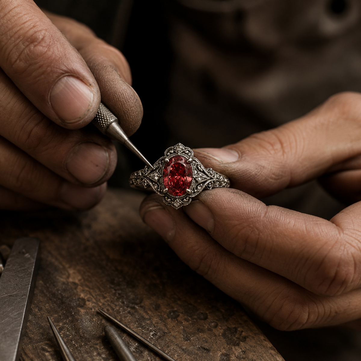 Jeweler working on a ring with a red gemstone using tools on a wooden surface.