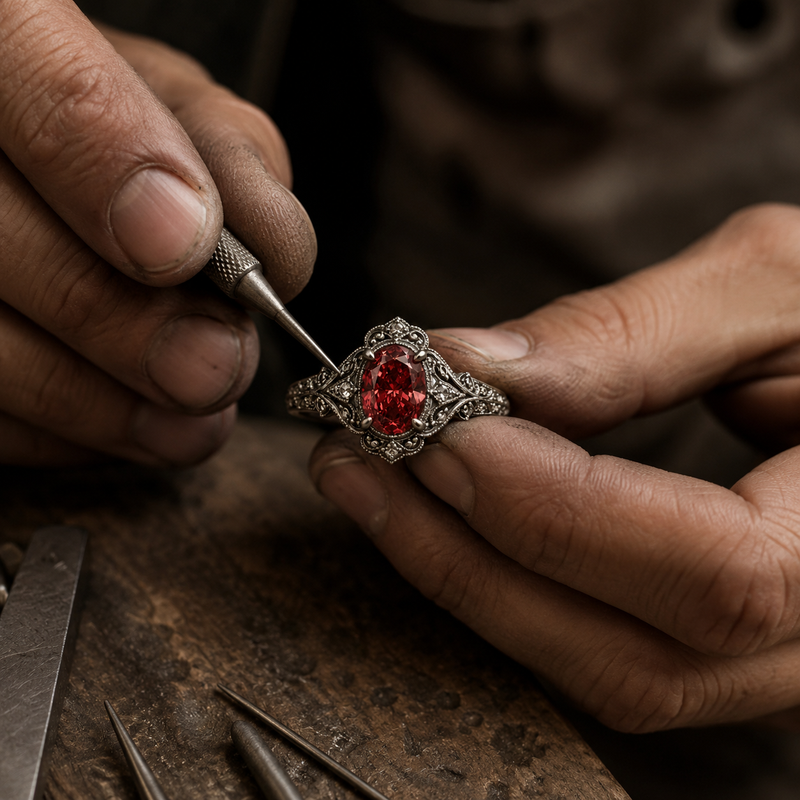 Jeweler working on a ring with a red gemstone using tools on a wooden surface.