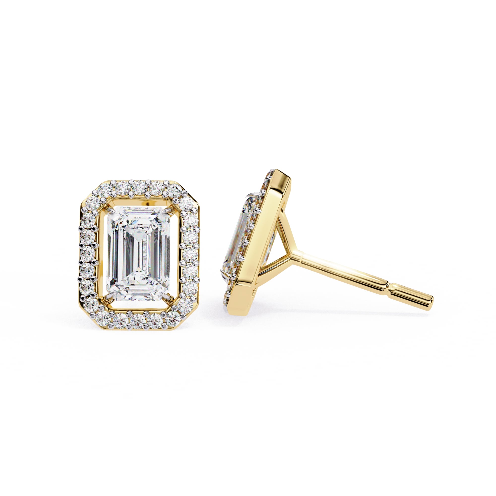 Gold emerald-cut diamond earring on a white background