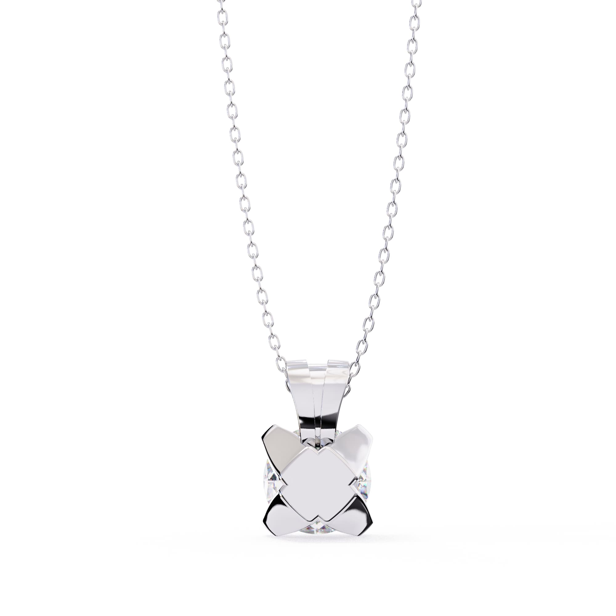 Silver necklace with a geometric pendant on a white background
