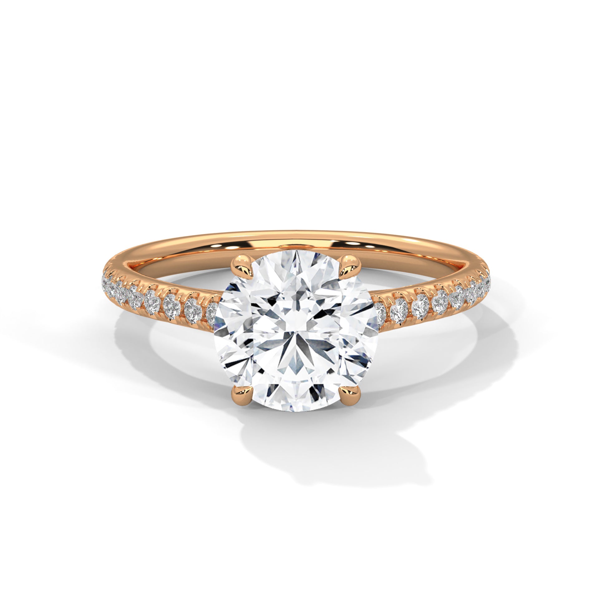 Rose gold ring with a large diamond and smaller diamonds on the band against a white background