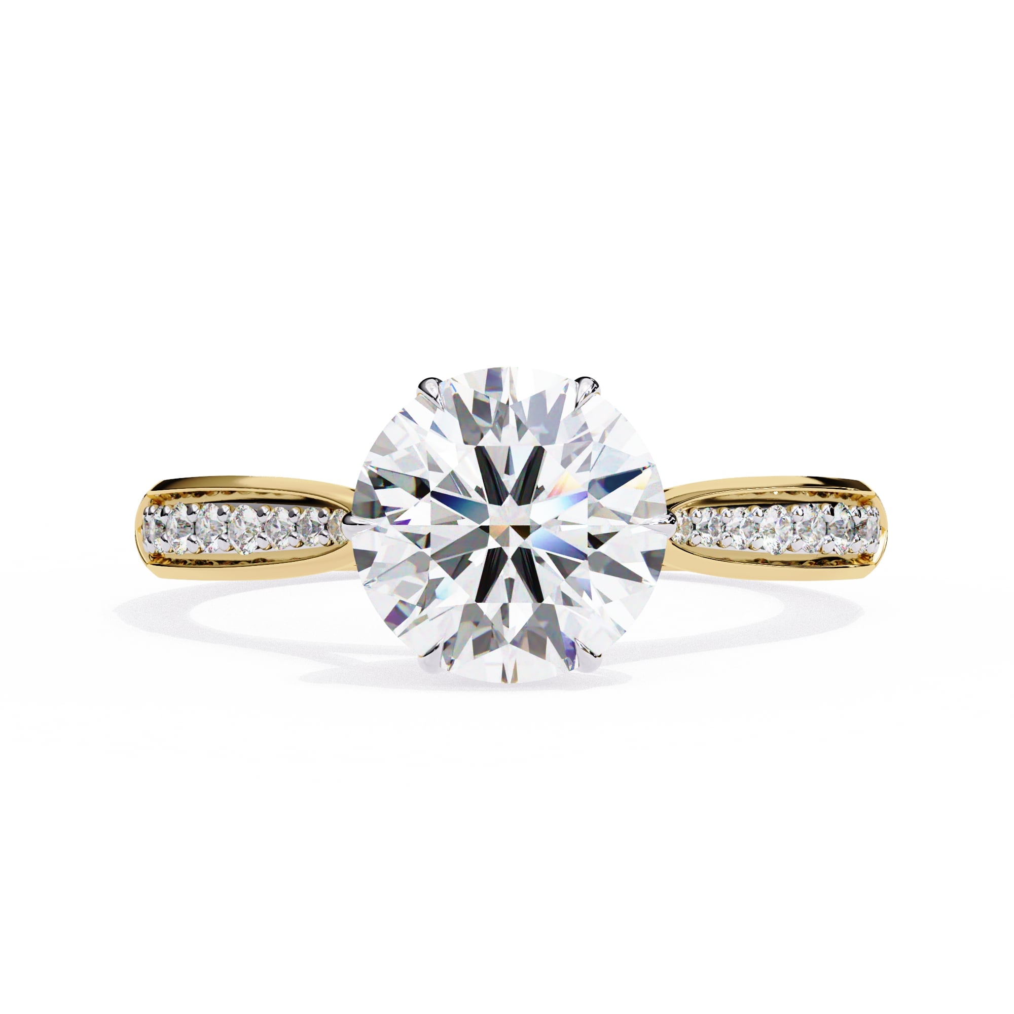 Gold ring with a large diamond and smaller diamonds on the band against a white background