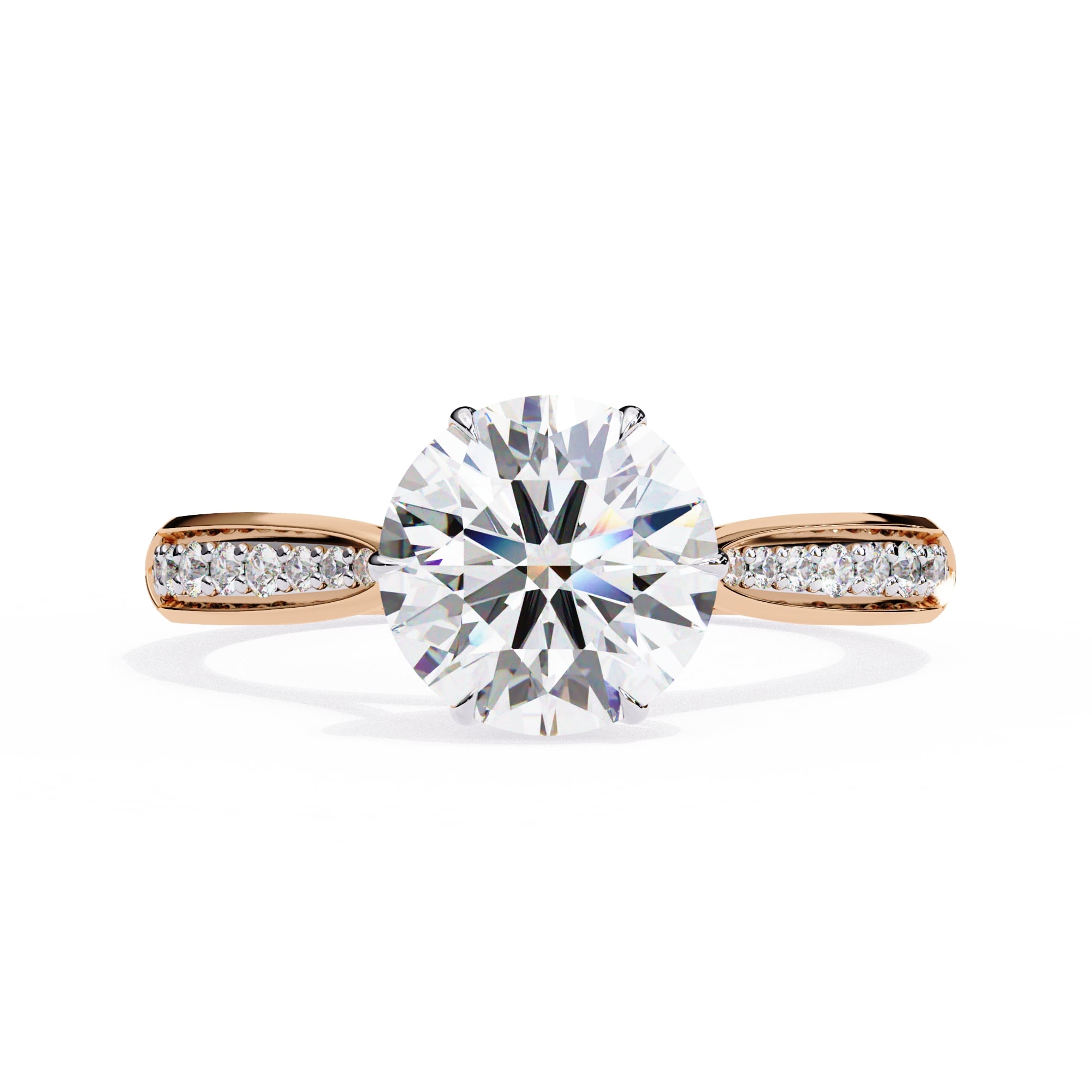 Rose gold ring with a large diamond and smaller diamonds on the band against a white background