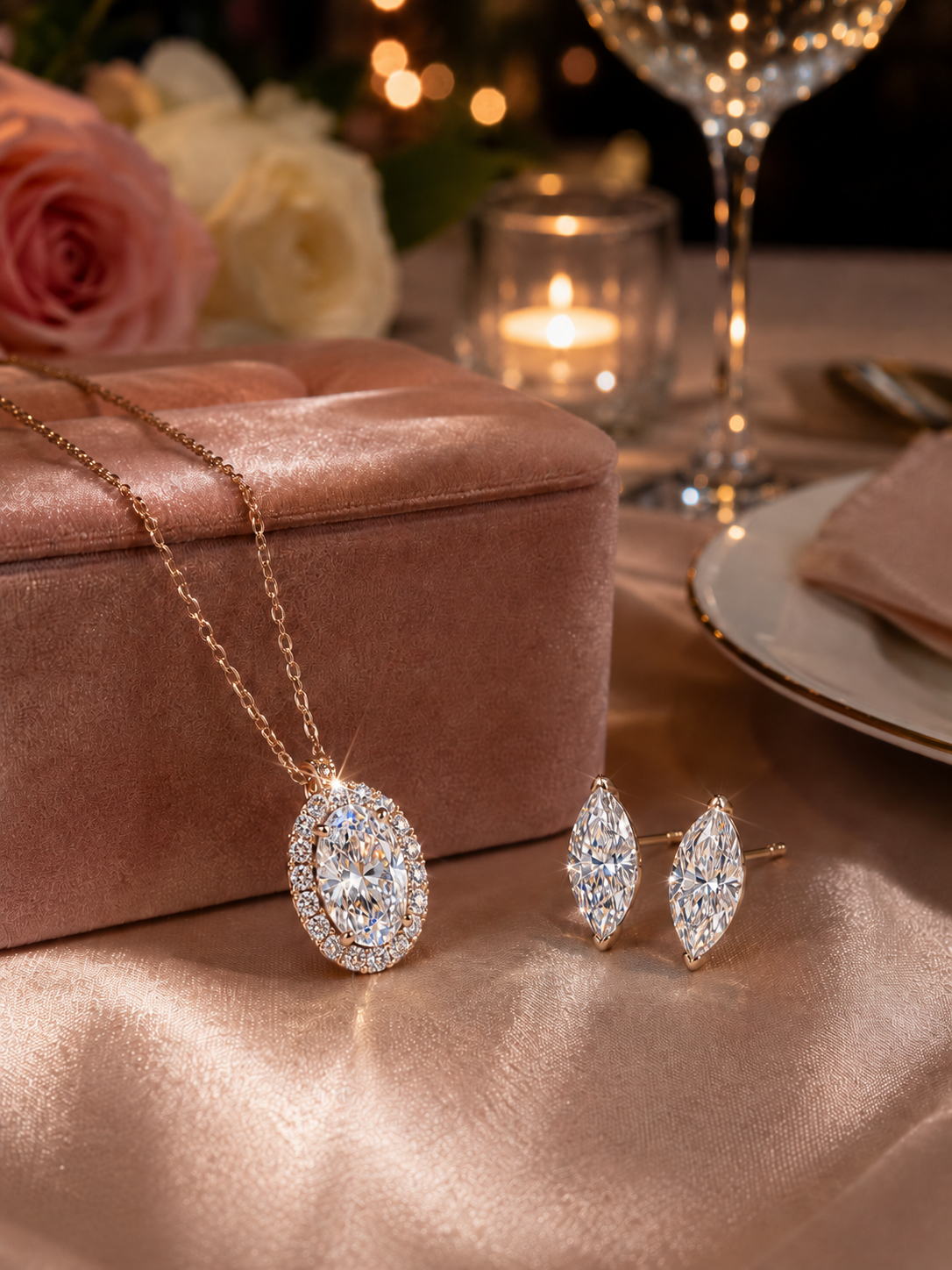 Diamond earrings on a pink surface with a blurred background of flowers and candles