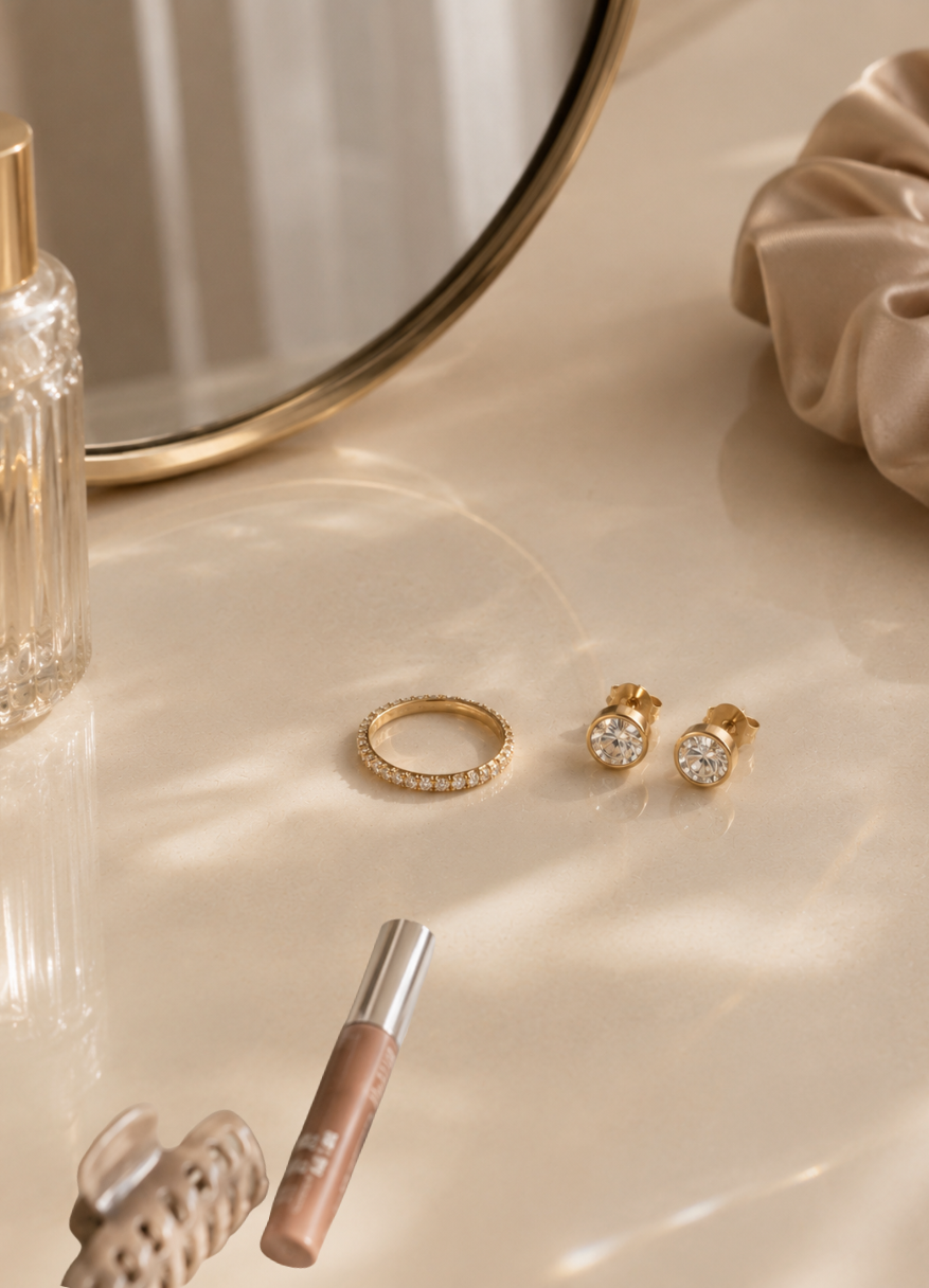 Gold ring and earrings on a reflective surface with a mirror and cosmetic bottle in the background.