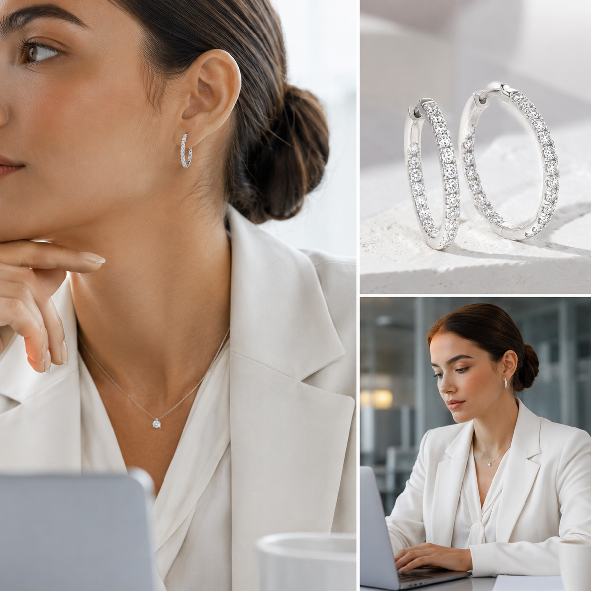 A woman in a white blazer is shown wearing a small silver hoop earring, with two inset close-ups of the hoop earrings themselves. The earrings appear to be silver-toned hoops set with clear stones on a white surface.