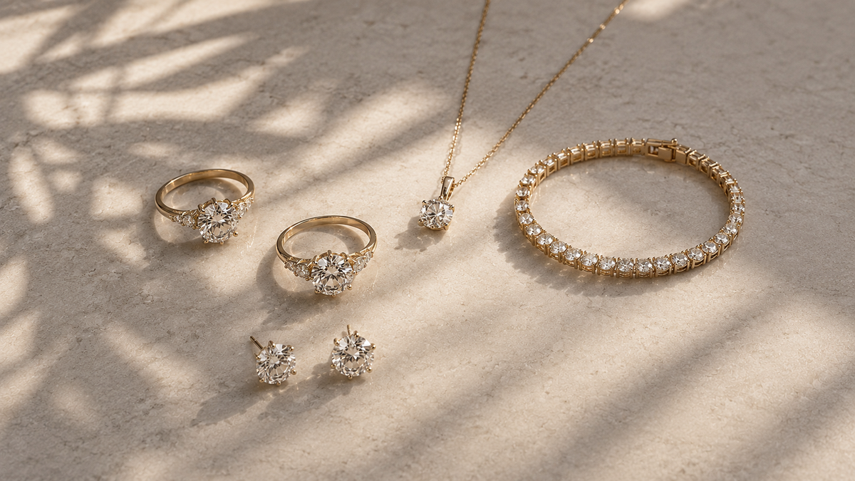 Set of gold jewelry including rings, earrings, and a bracelet on a textured surface with shadows.