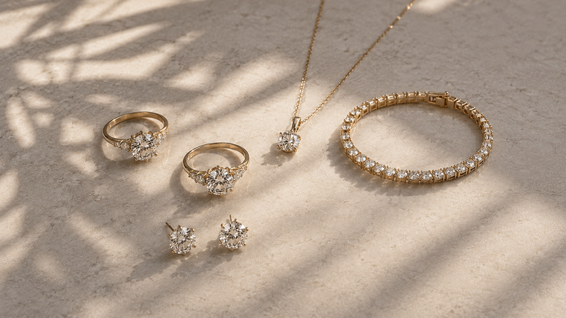 Set of gold jewelry including rings, earrings, and a bracelet on a textured surface with shadows.