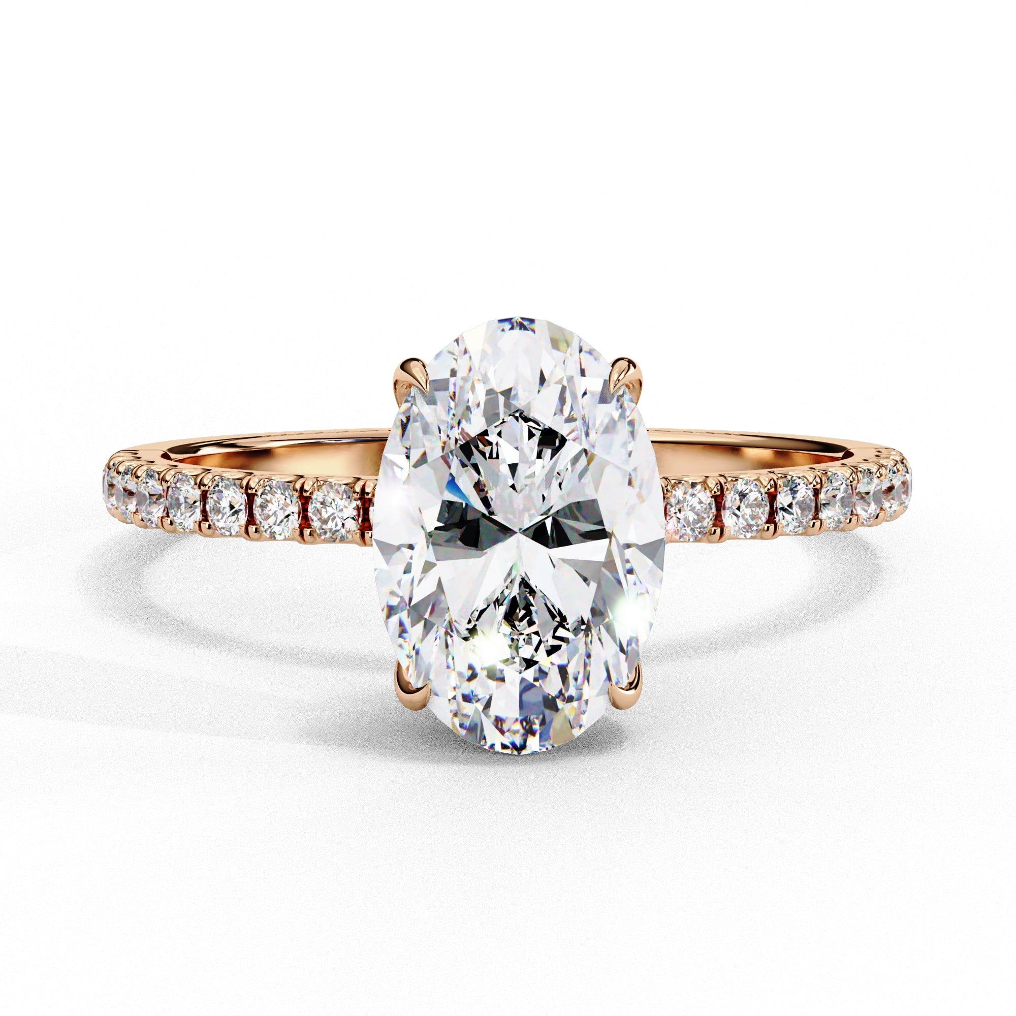 Rose gold ring with a large diamond and smaller diamonds on the band against a white background
