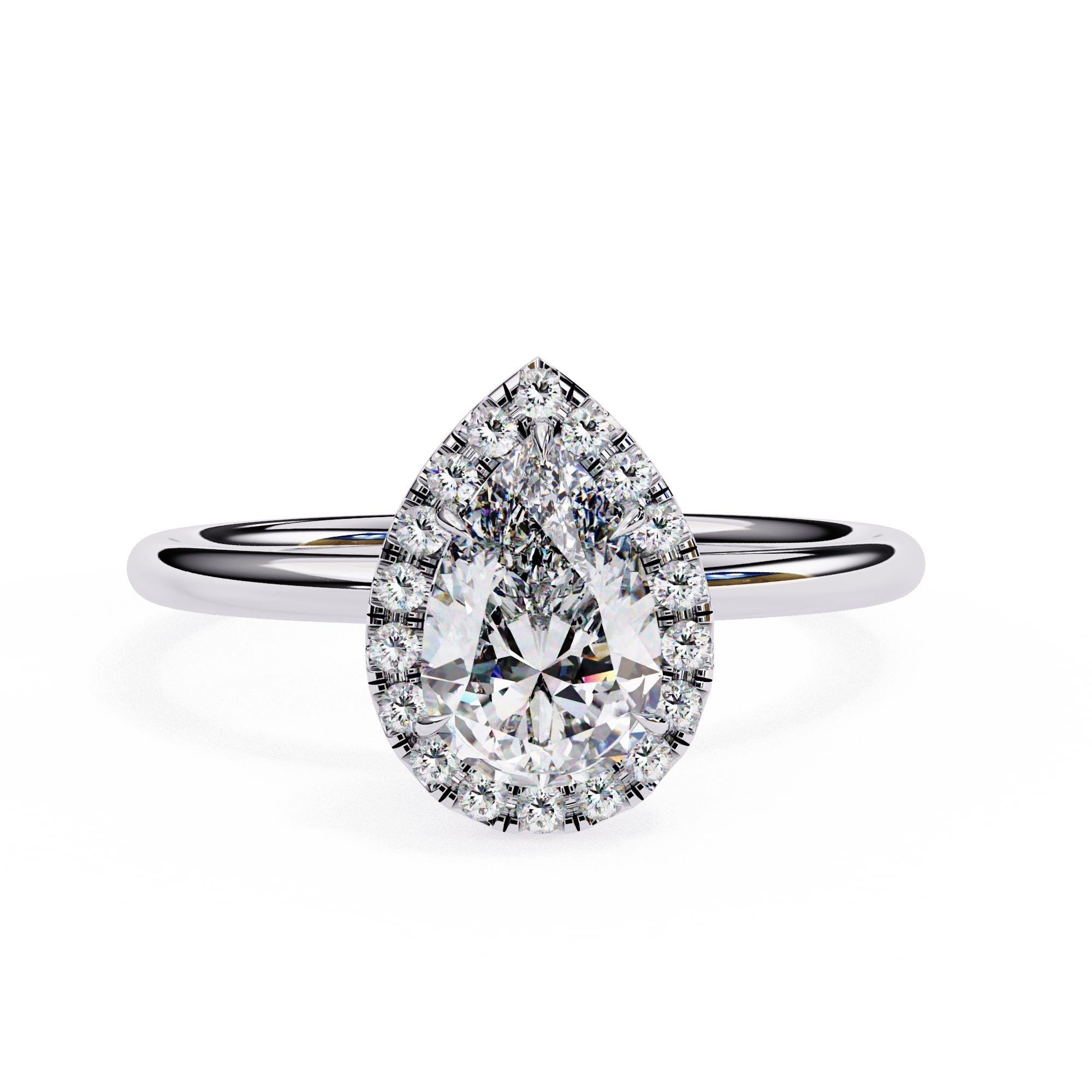 Diamond ring with a pear-shaped center stone on a white background