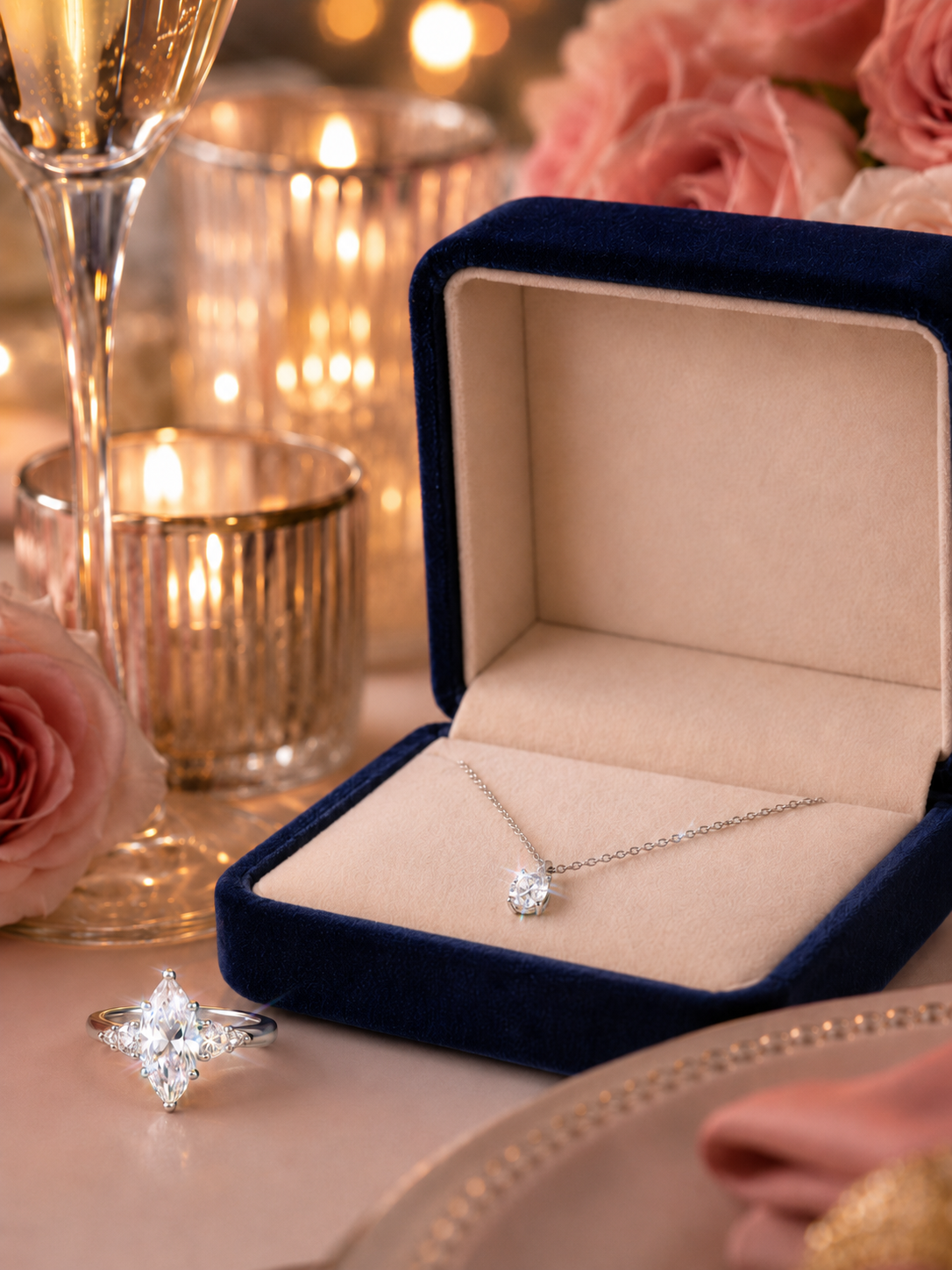 Diamond necklace and ring in a jewelry box with blurred candles and roses in the background