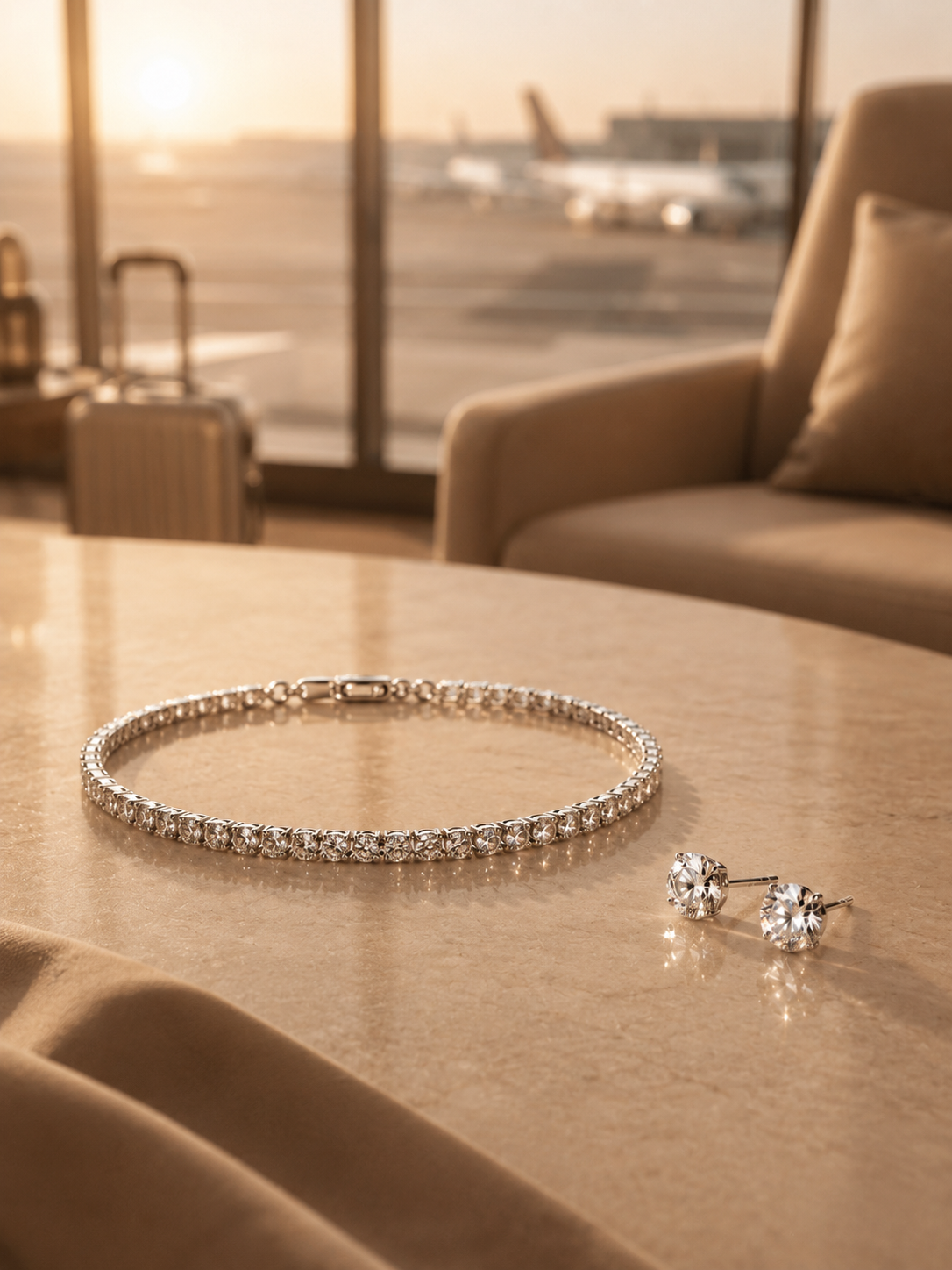 Silver bracelet and earrings on a table with a blurred airport background