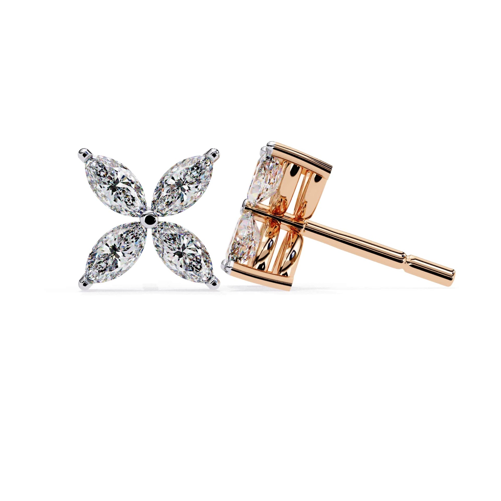 Rose gold and silver diamond earring on a white background