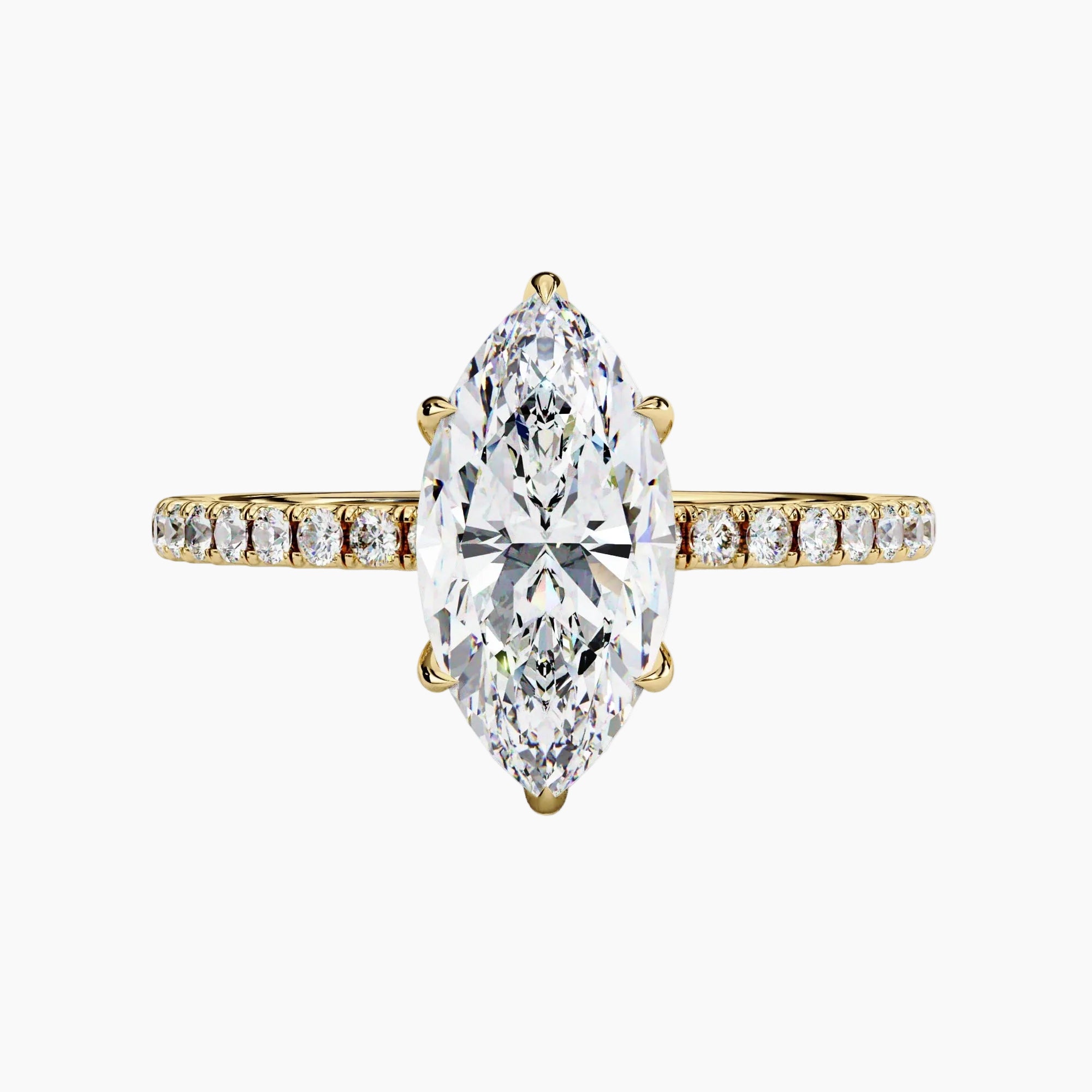 Gold ring with a large marquise-shaped diamond and smaller diamonds on the band against a white background