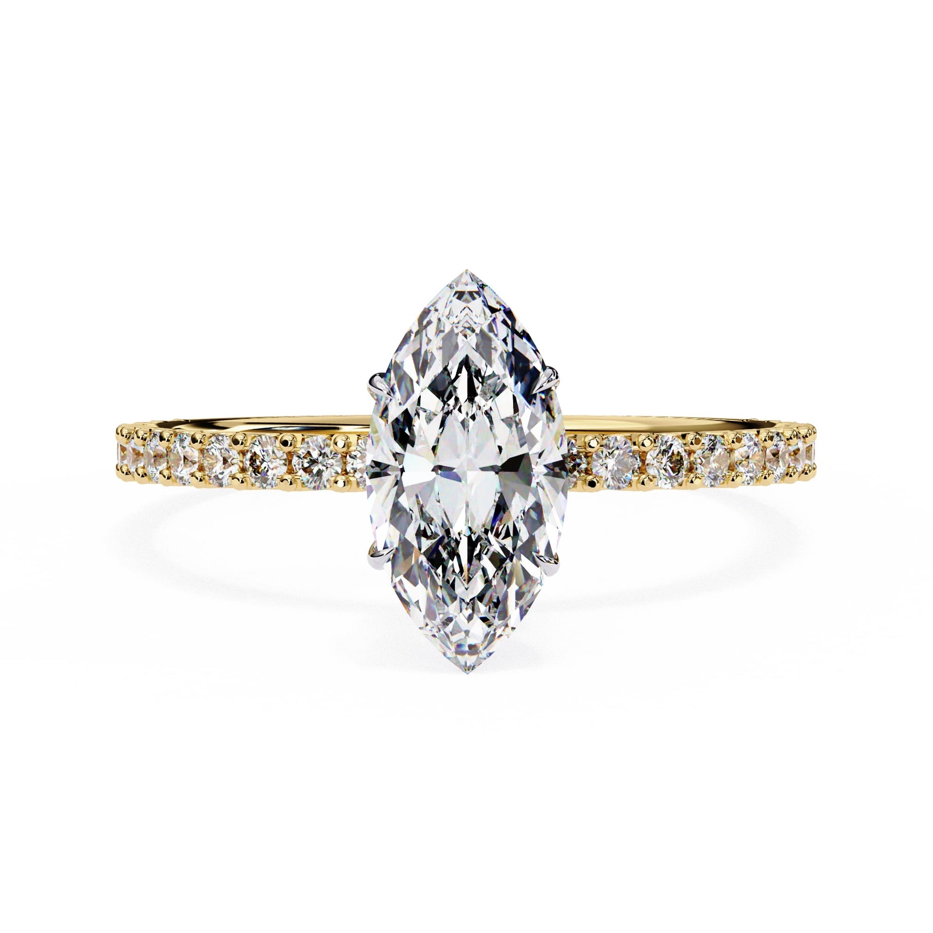 Diamond ring with a pear-shaped center stone on a white background