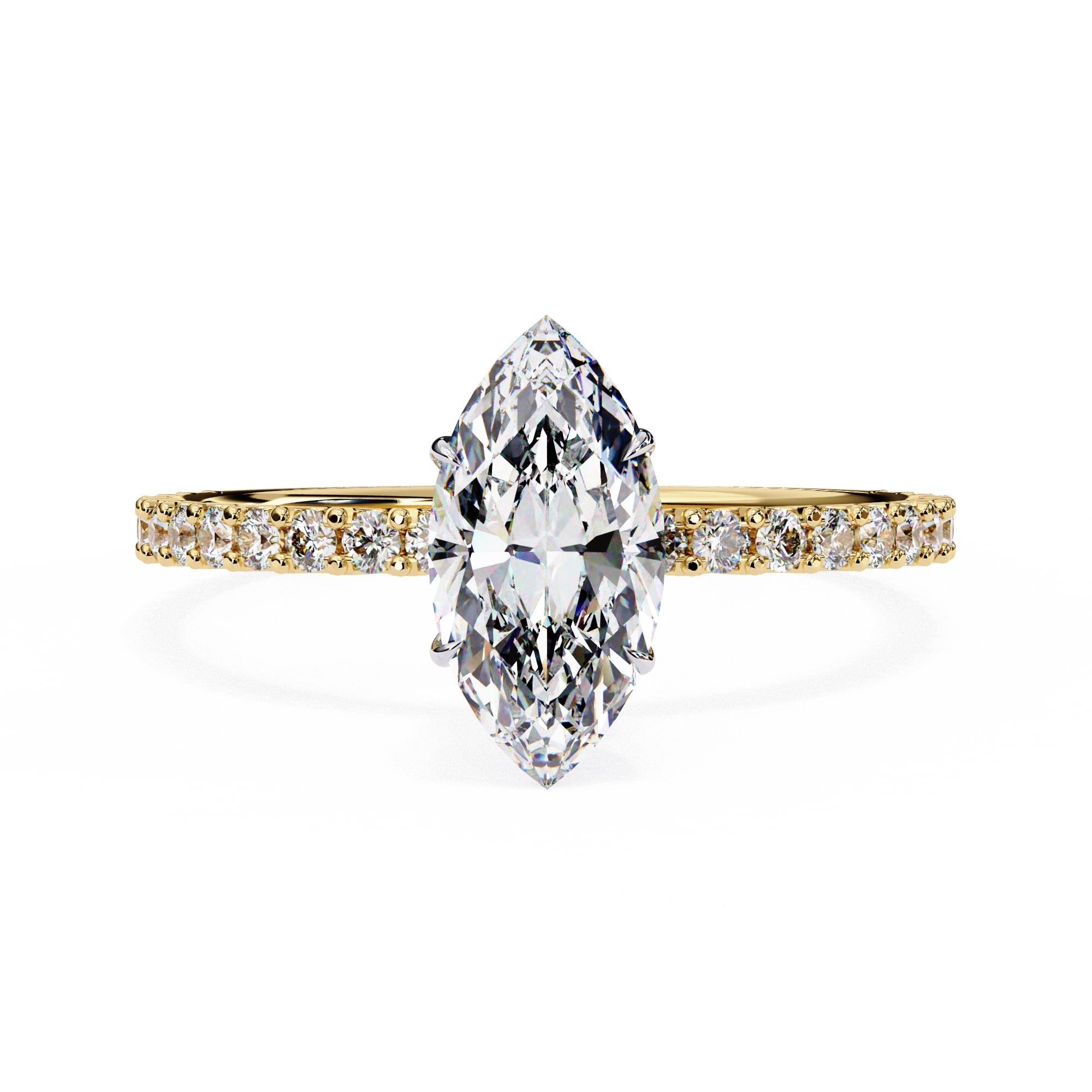 Diamond ring with a pear-shaped center stone on a white background