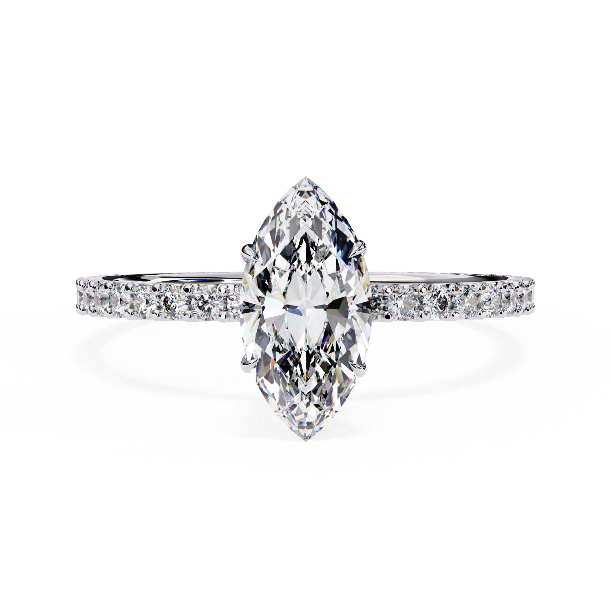 Diamond ring with a pear-shaped center stone on a white background