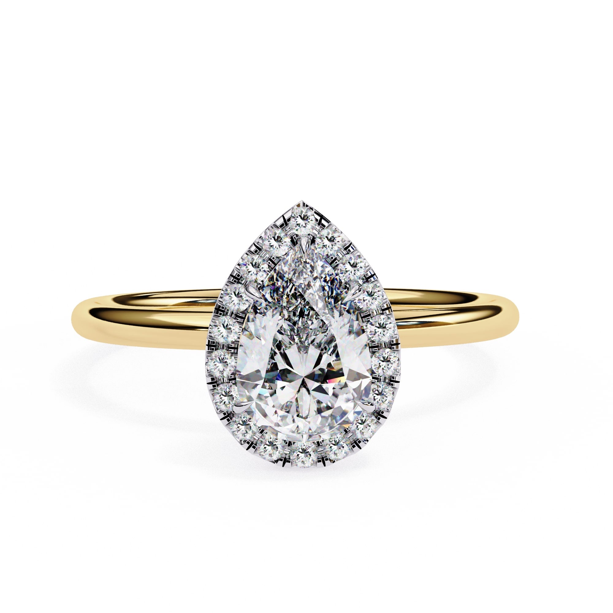 Gold ring with a pear-shaped diamond on a white background