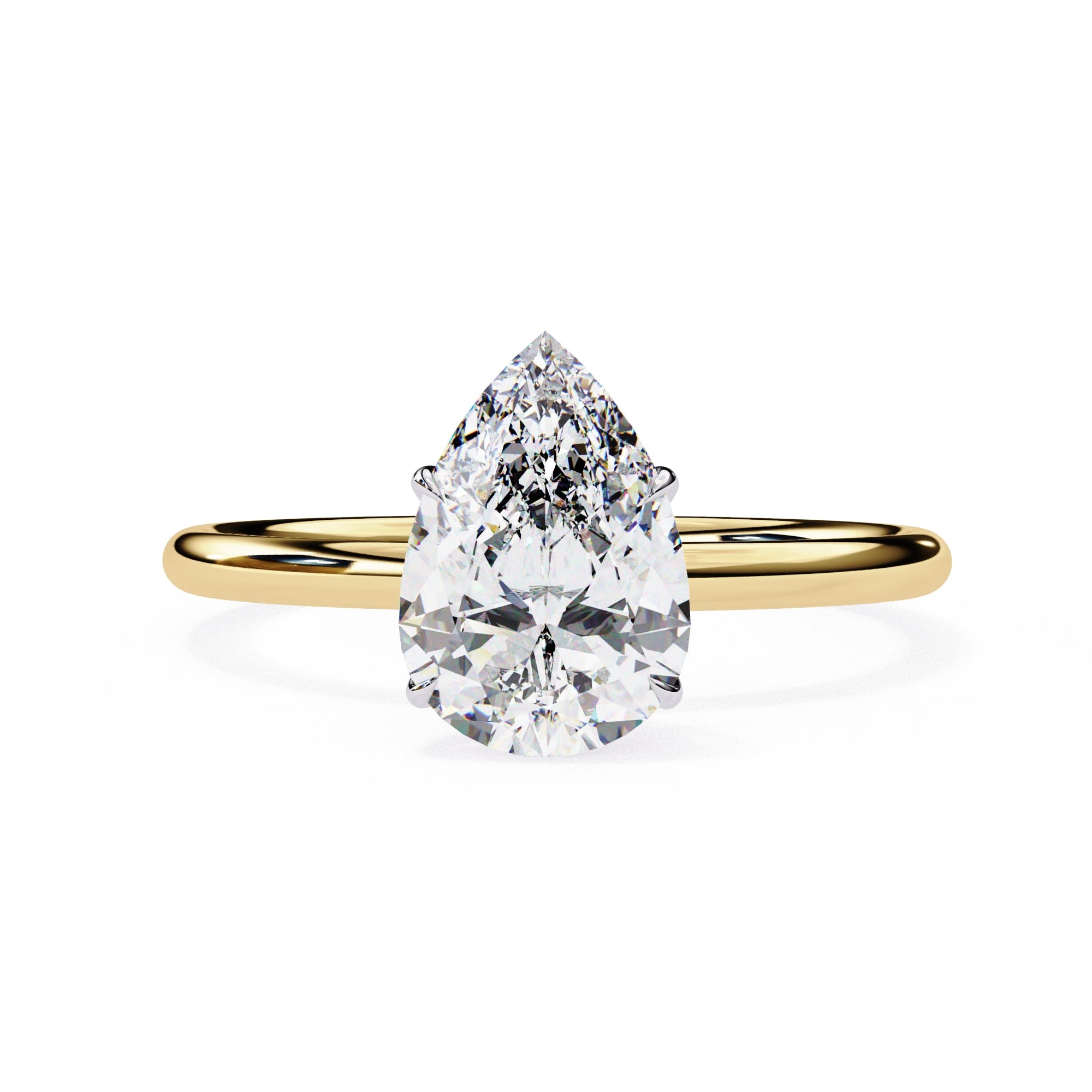 Gold ring with a pear-shaped diamond on a white background