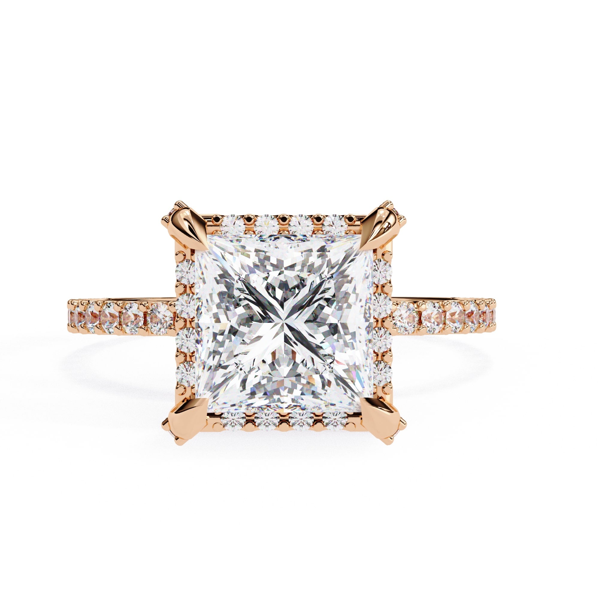 Rose gold ring with a large diamond and smaller diamonds on the band against a white background