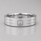 Lab grown princess cut single diamond men's ring featuring a satin-finish white gold band with a princess cut solitaire diamond and engraved side accents.