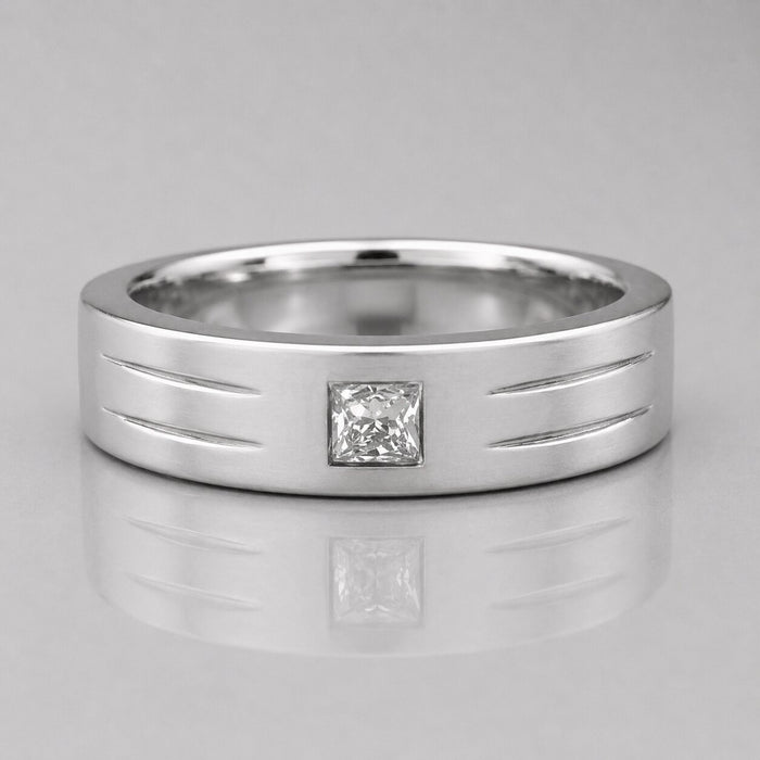 Lab grown princess cut single diamond men's ring featuring a satin-finish white gold band with a princess cut solitaire diamond and engraved side accents.